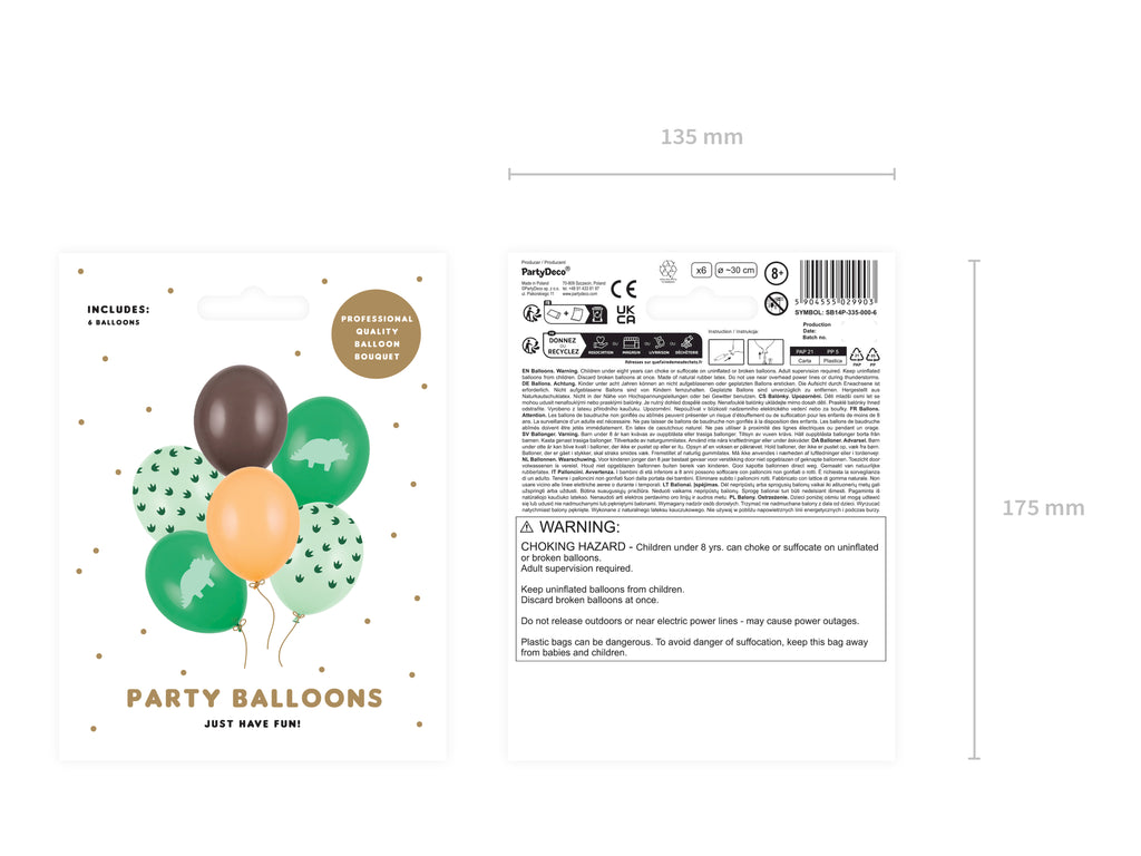 Luftballons „Dinosaurier“ – 6er Set | 30 cm | Pastell Smaragd/Pistazie mit Dino‑Print, Hellorange & Kakaobraun