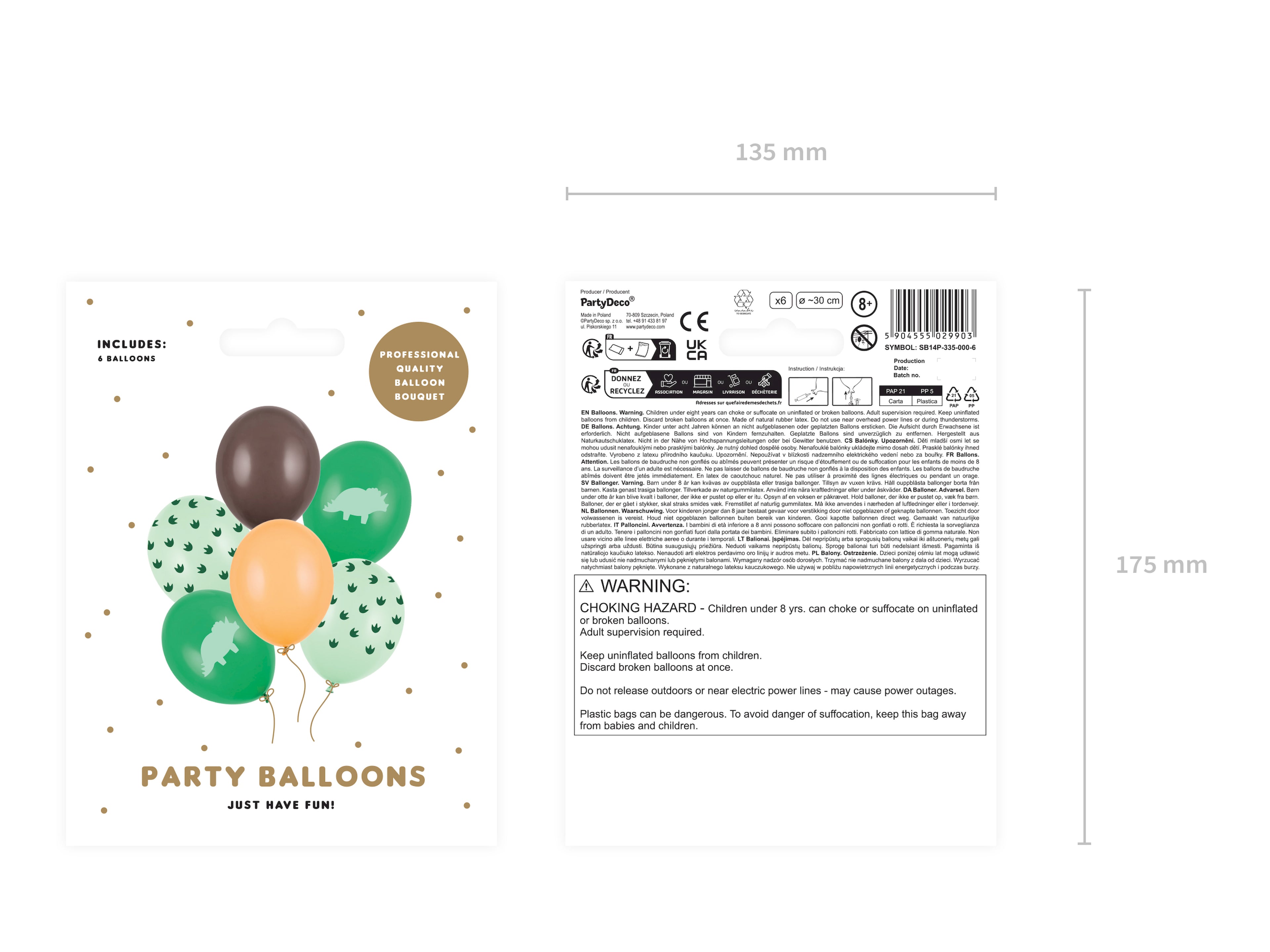Luftballons „Dinosaurier“ – 6er Set | 30 cm | Pastell Smaragd/Pistazie mit Dino‑Print, Hellorange & Kakaobraun