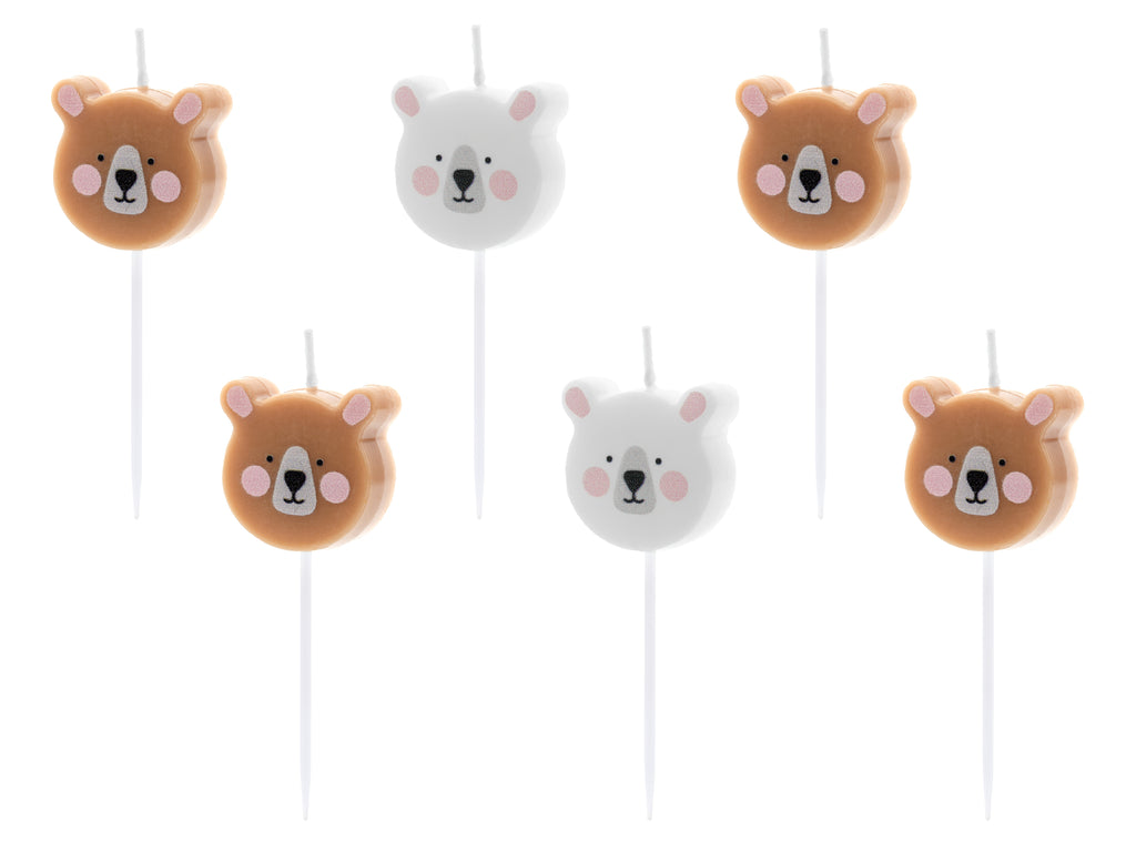 Teddybär‑Geburtstagskerzen – 6er Set | Bären‑Kerzen in Braun & Weiß | 3 cm | Süße Kuchendeko für Kindergeburtstag