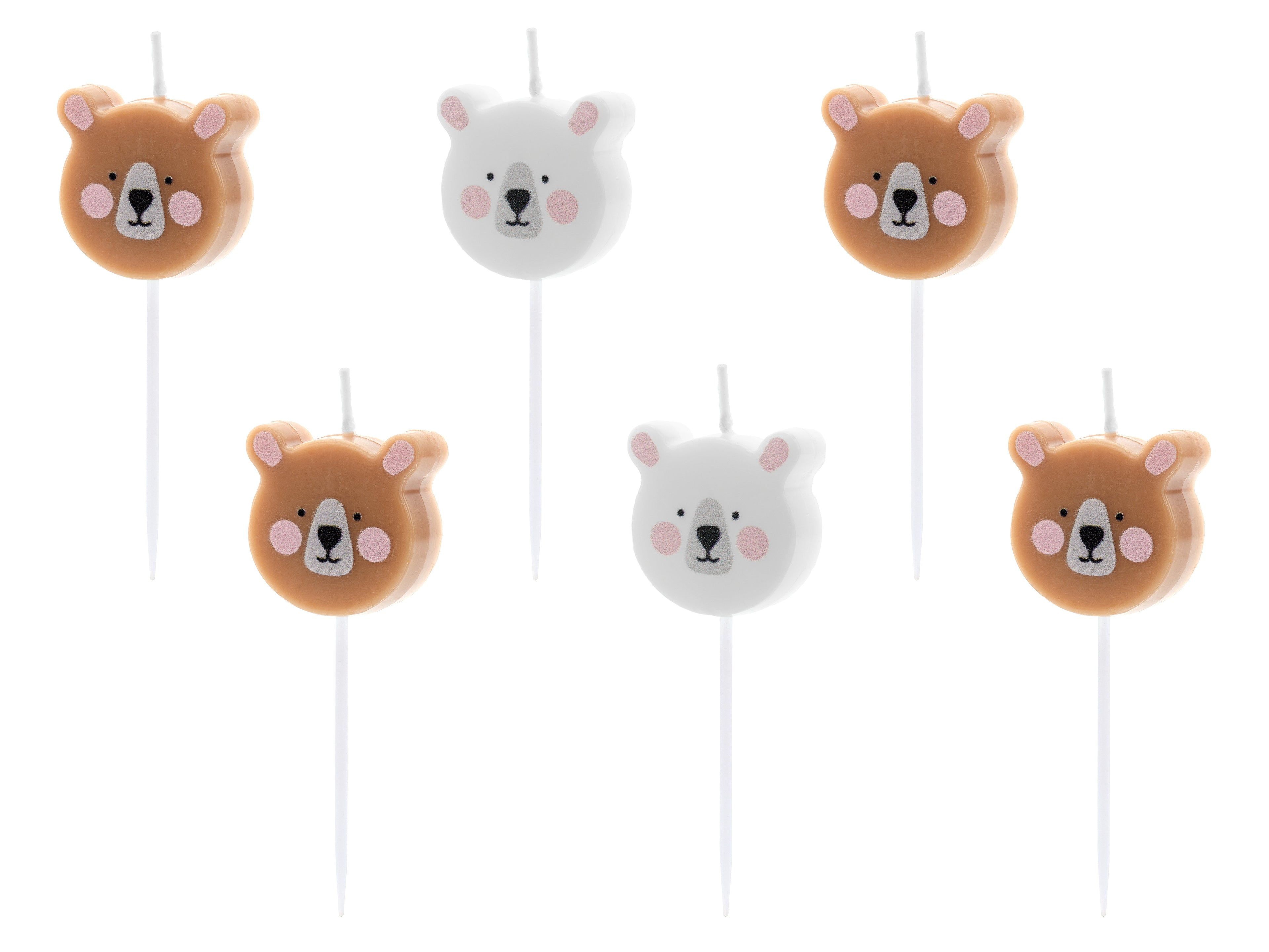 Teddybär‑Geburtstagskerzen – 6er Set | Bären‑Kerzen in Braun & Weiß | 3 cm | Süße Kuchendeko für Kindergeburtstag