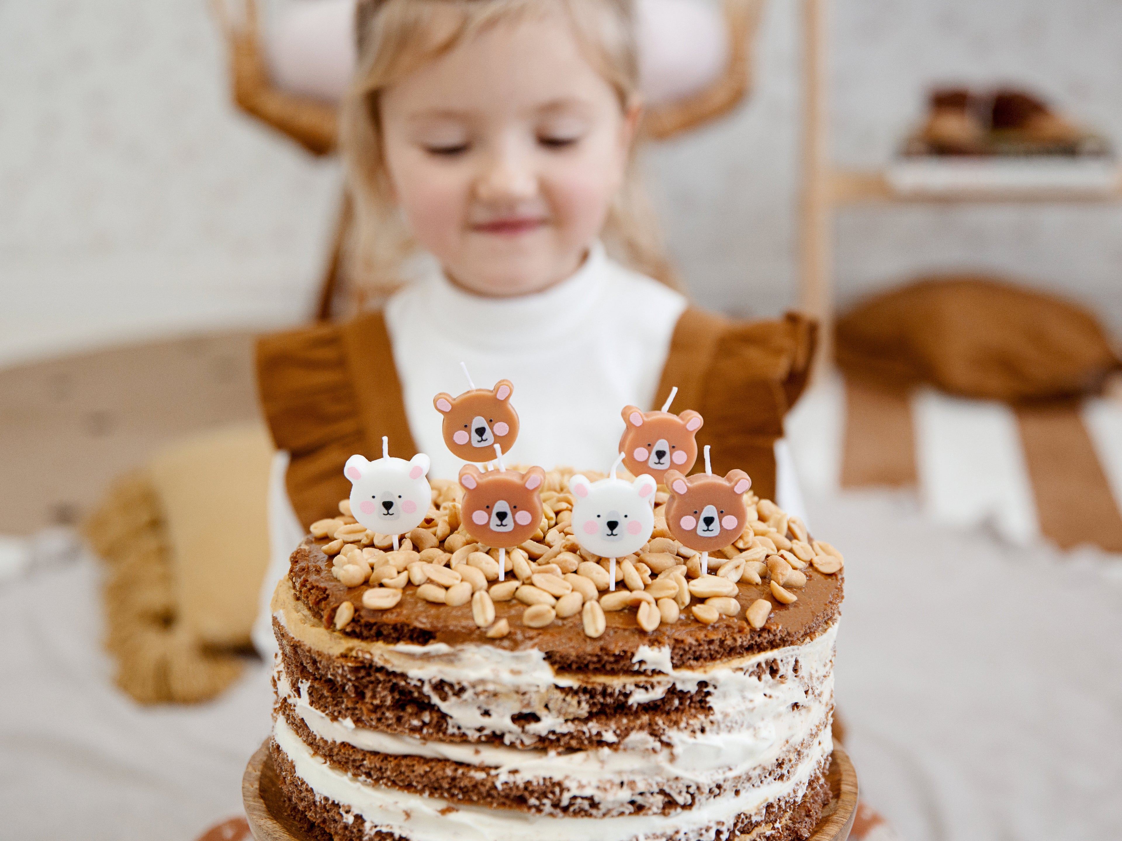Teddybär‑Geburtstagskerzen – 6er Set | Bären‑Kerzen in Braun & Weiß | 3 cm | Süße Kuchendeko für Kindergeburtstag