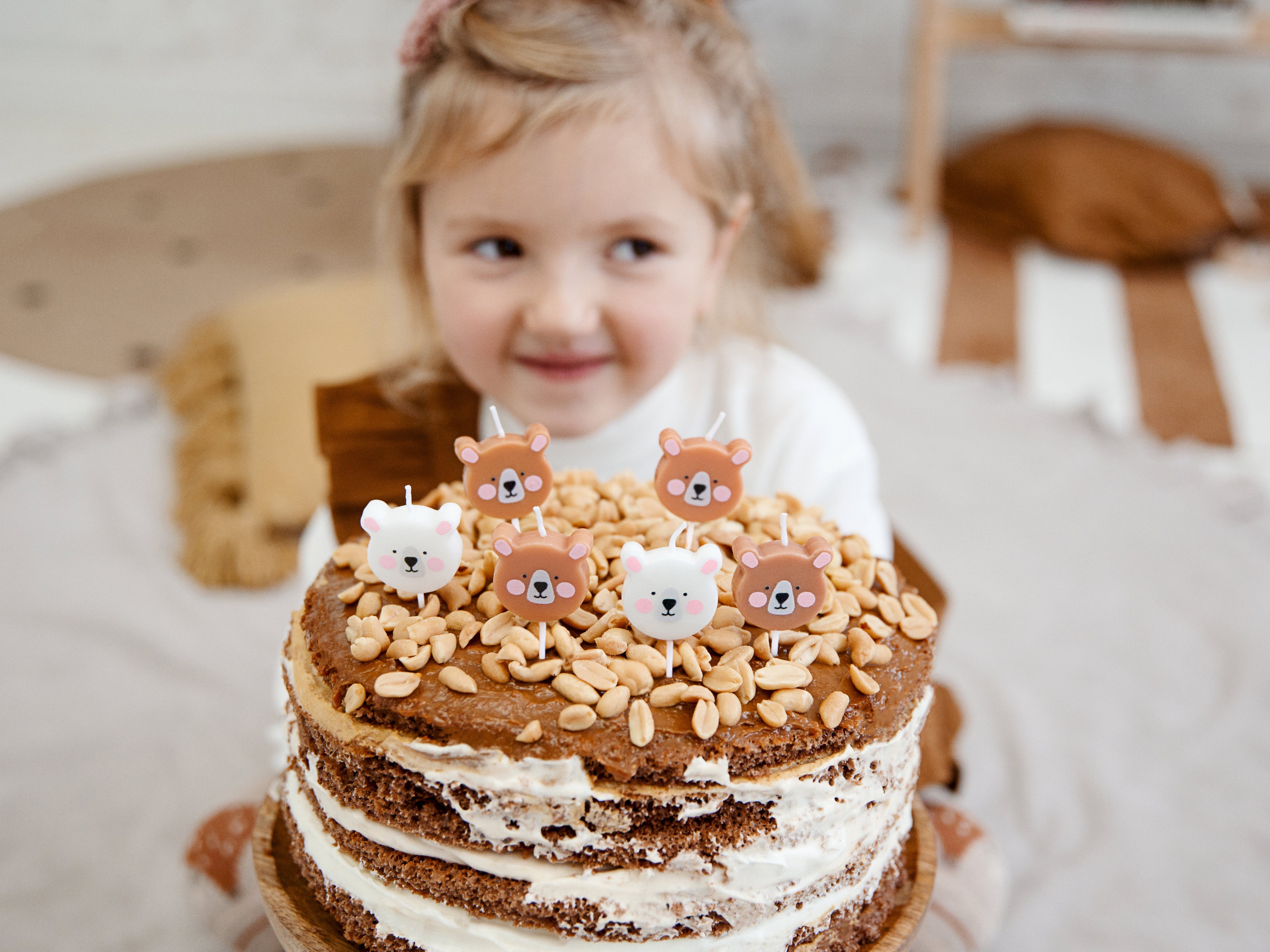 Teddybär‑Geburtstagskerzen – 6er Set | Bären‑Kerzen in Braun & Weiß | 3 cm | Süße Kuchendeko für Kindergeburtstag