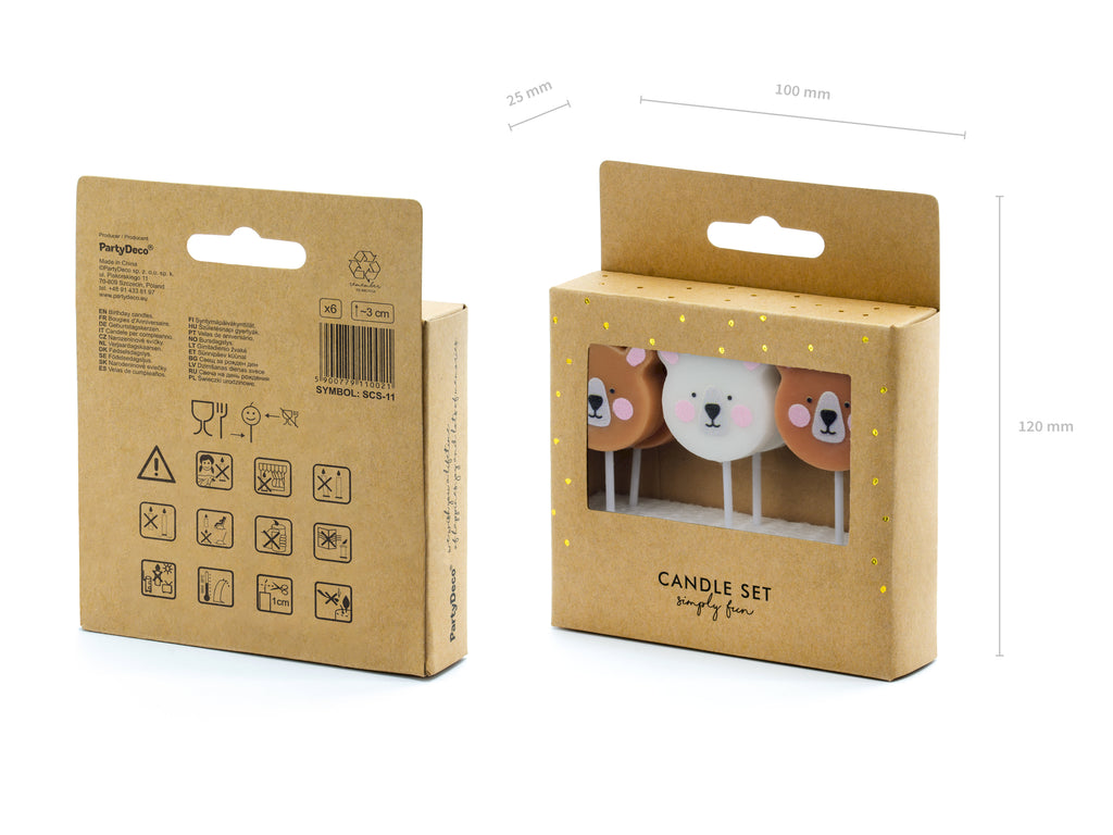 Teddybär‑Geburtstagskerzen – 6er Set | Bären‑Kerzen in Braun & Weiß | 3 cm | Süße Kuchendeko für Kindergeburtstag