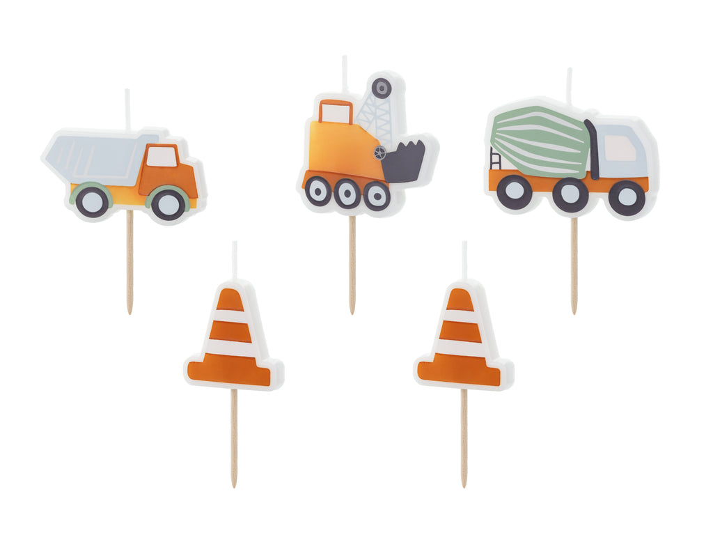 Geburtstagskerzen „Baustelle“ – 5er Set | Straßenbau‑Motiv mit Fahrzeugen & Pylonen | 3–4,5 cm | Kindergeburtstag Kuchen Deko