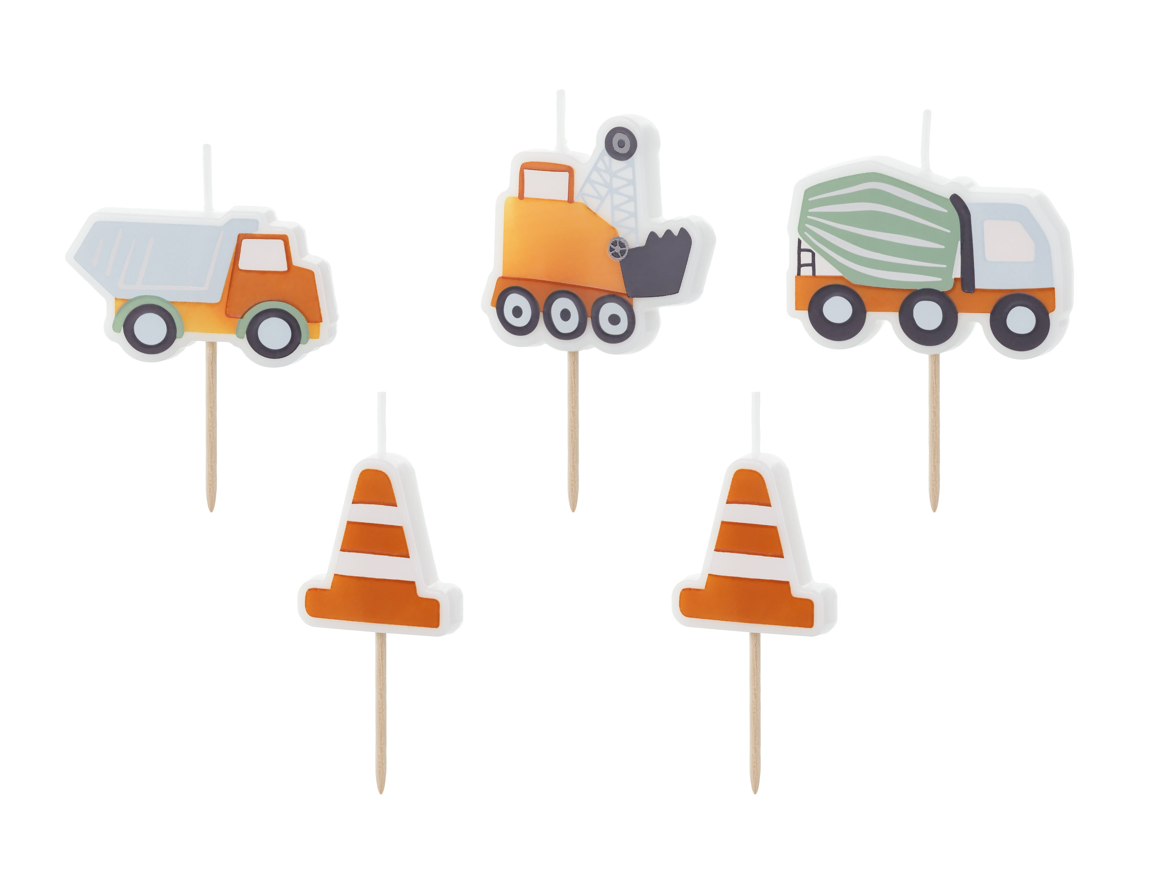 Geburtstagskerzen „Baustelle“ – 5er Set | Straßenbau‑Motiv mit Fahrzeugen & Pylonen | 3–4,5 cm | Kindergeburtstag Kuchen Deko