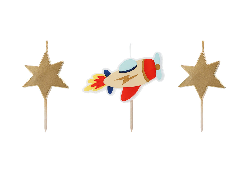 Flugzeug‑Geburtstagskerzen – 3er Set | Kerzen mit Flugzeug & Goldsternen | 4,5–5 cm | Kuchendeko für Kindergeburtstag