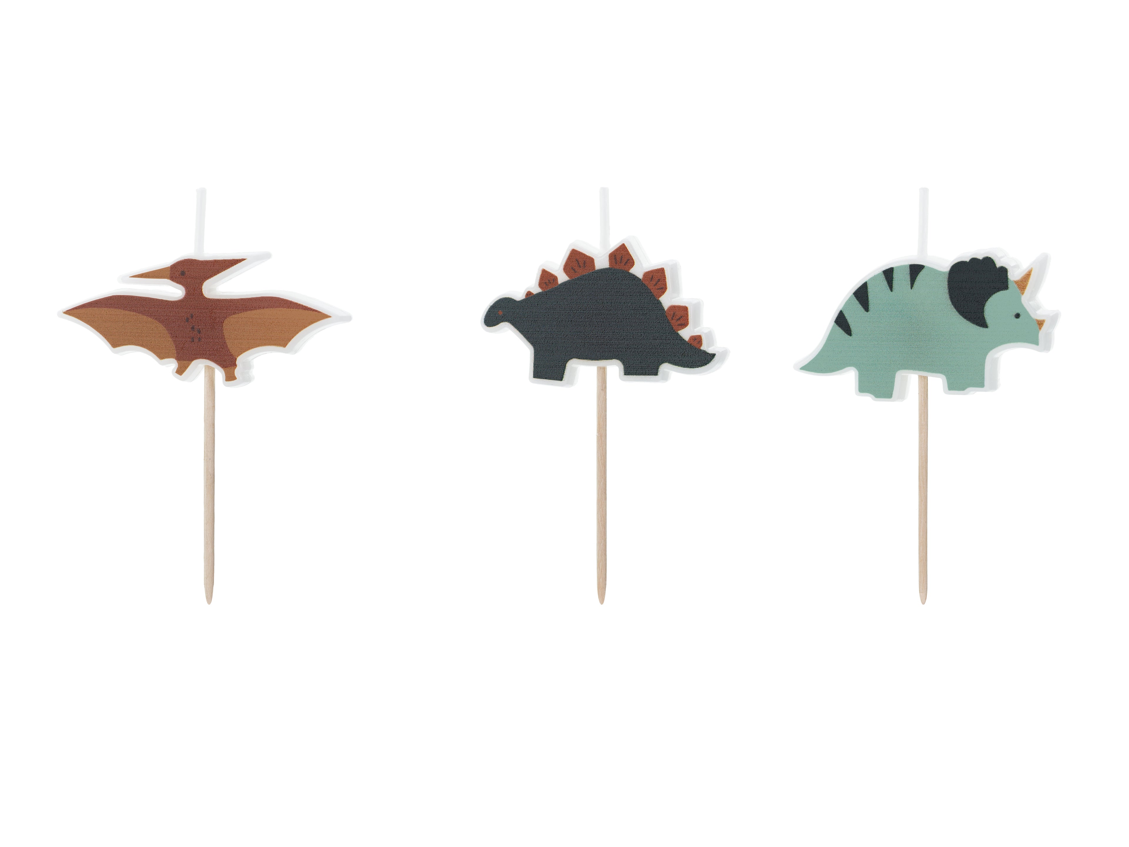 Dinosaurier‑Geburtstagskerzen – 3er Set | Dino‑Kerzen für Kinderkuchen | 3 cm | Stego, Triceratops & Flugsaurier