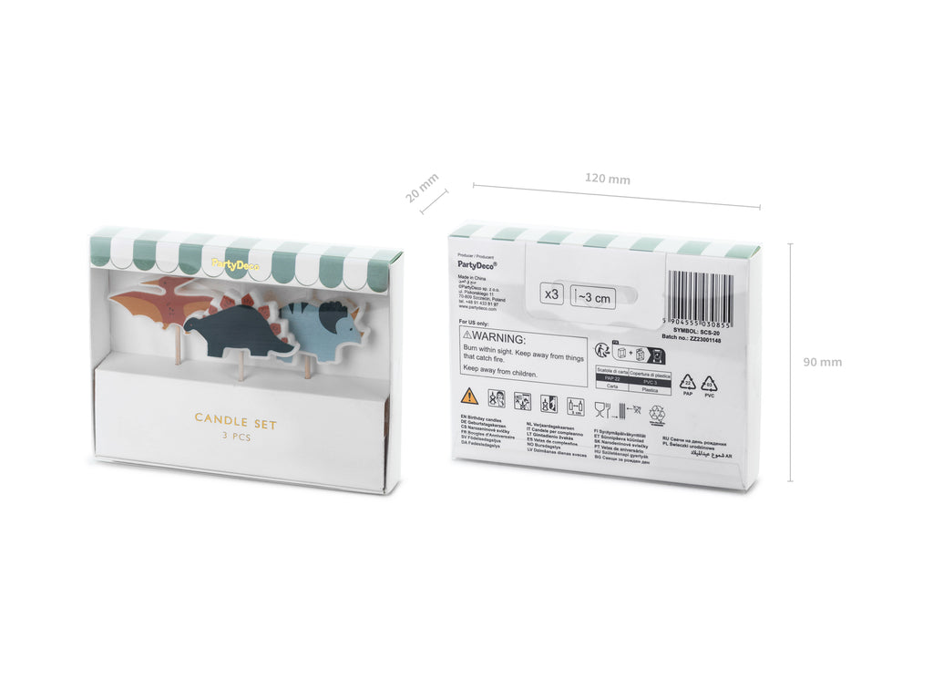 Dinosaurier‑Geburtstagskerzen – 3er Set | Dino‑Kerzen für Kinderkuchen | 3 cm | Stego, Triceratops & Flugsaurier