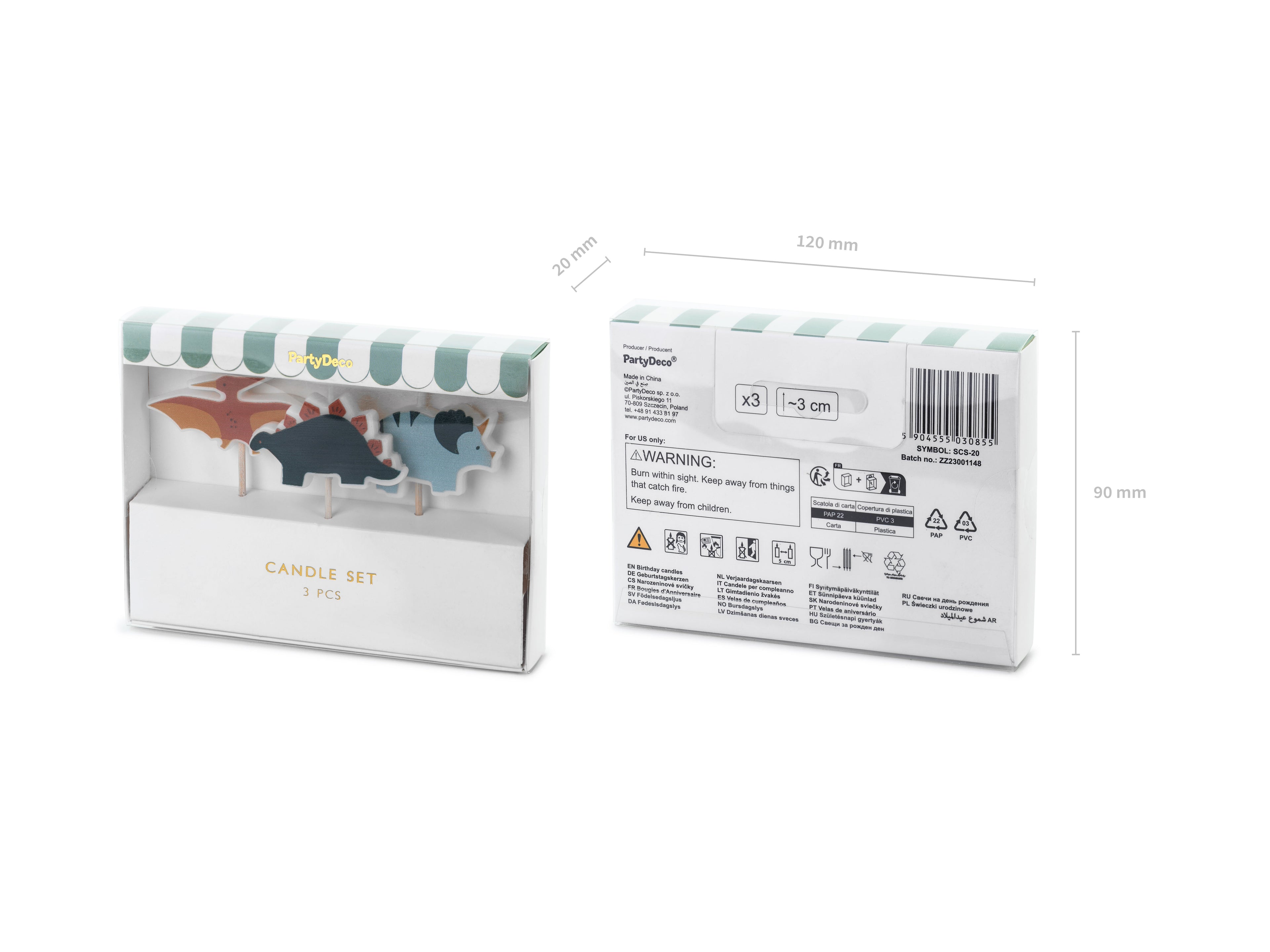 Dinosaurier‑Geburtstagskerzen – 3er Set | Dino‑Kerzen für Kinderkuchen | 3 cm | Stego, Triceratops & Flugsaurier