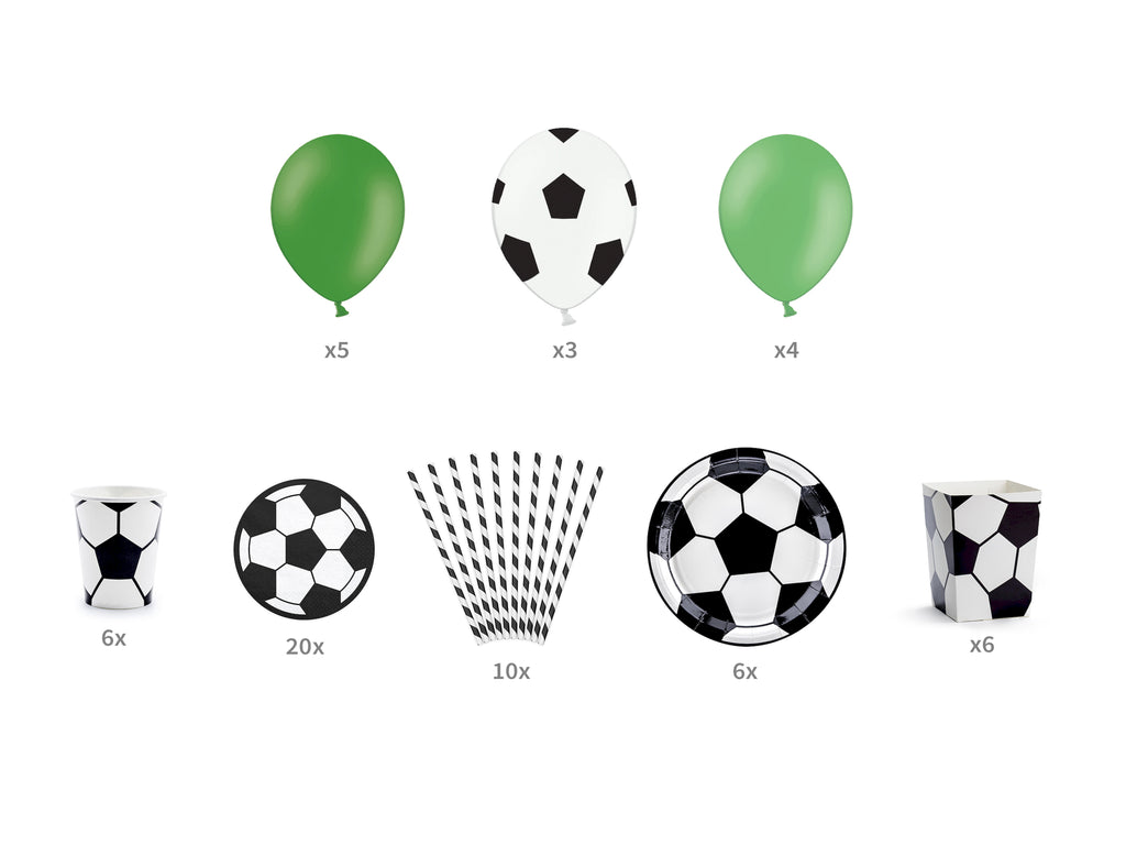 Partydekorationsset „Fußball“ – 60‑teilig | Teller, Becher, Servietten, Popcornboxen, Strohhalme & 12 Ballons | Grün‑Weiß Matchday Deko