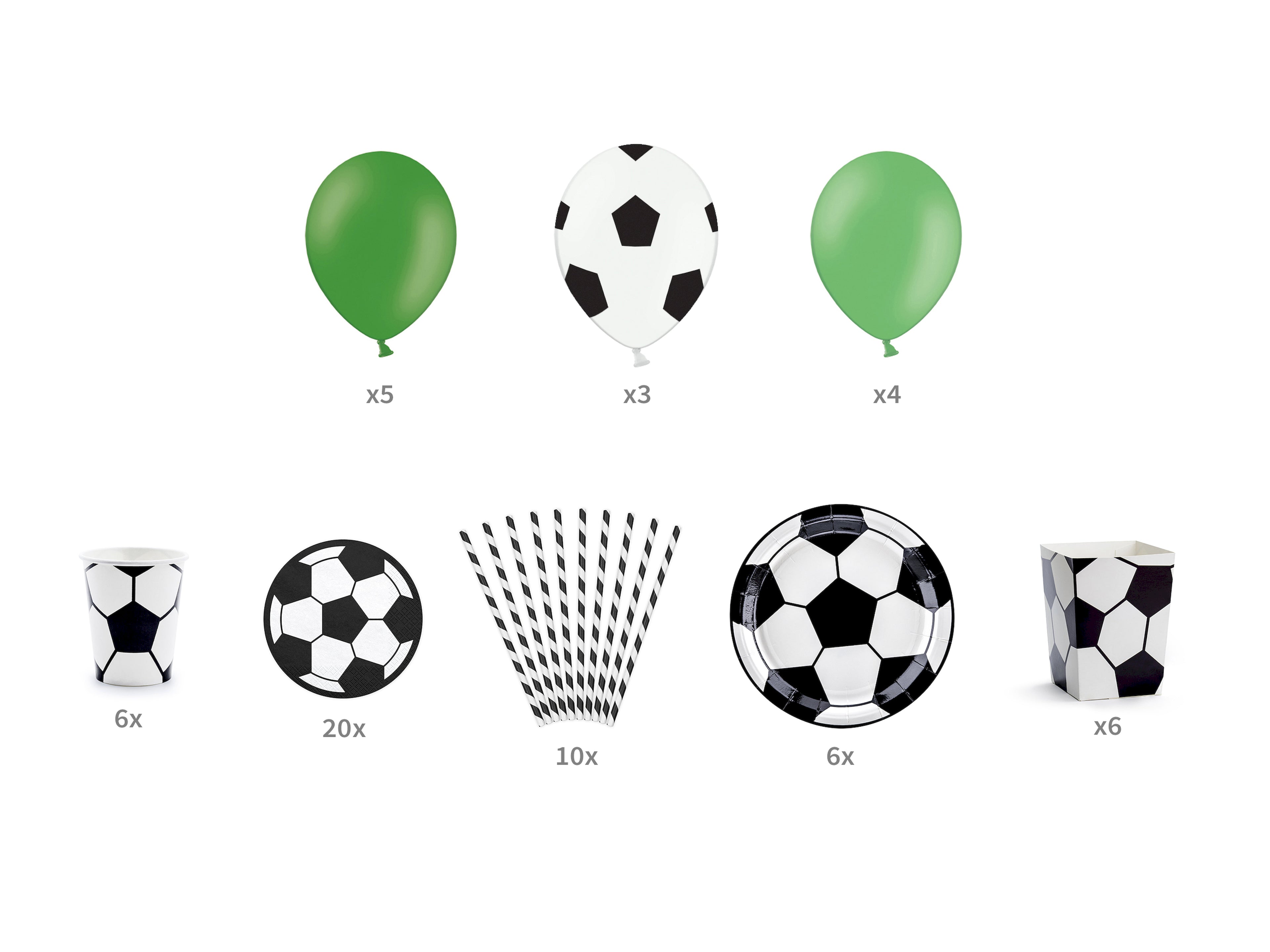 Partydekorationsset „Fußball“ – 60‑teilig | Teller, Becher, Servietten, Popcornboxen, Strohhalme & 12 Ballons | Grün‑Weiß Matchday Deko