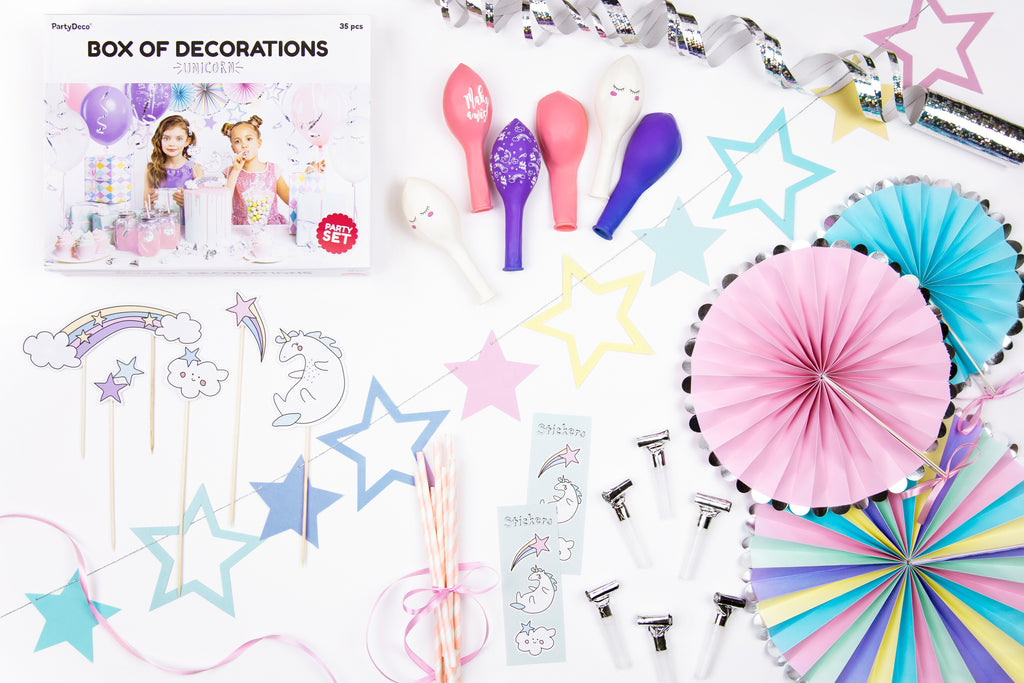 Partydekorationsset „Einhorn“ – Komplett‑Kit für Kindergeburtstag | Girlande, Cake‑Topper, Rosetten, Strohhalme, Luftballons, Pfeifen, Sticker, Luftschlangen & Satinband