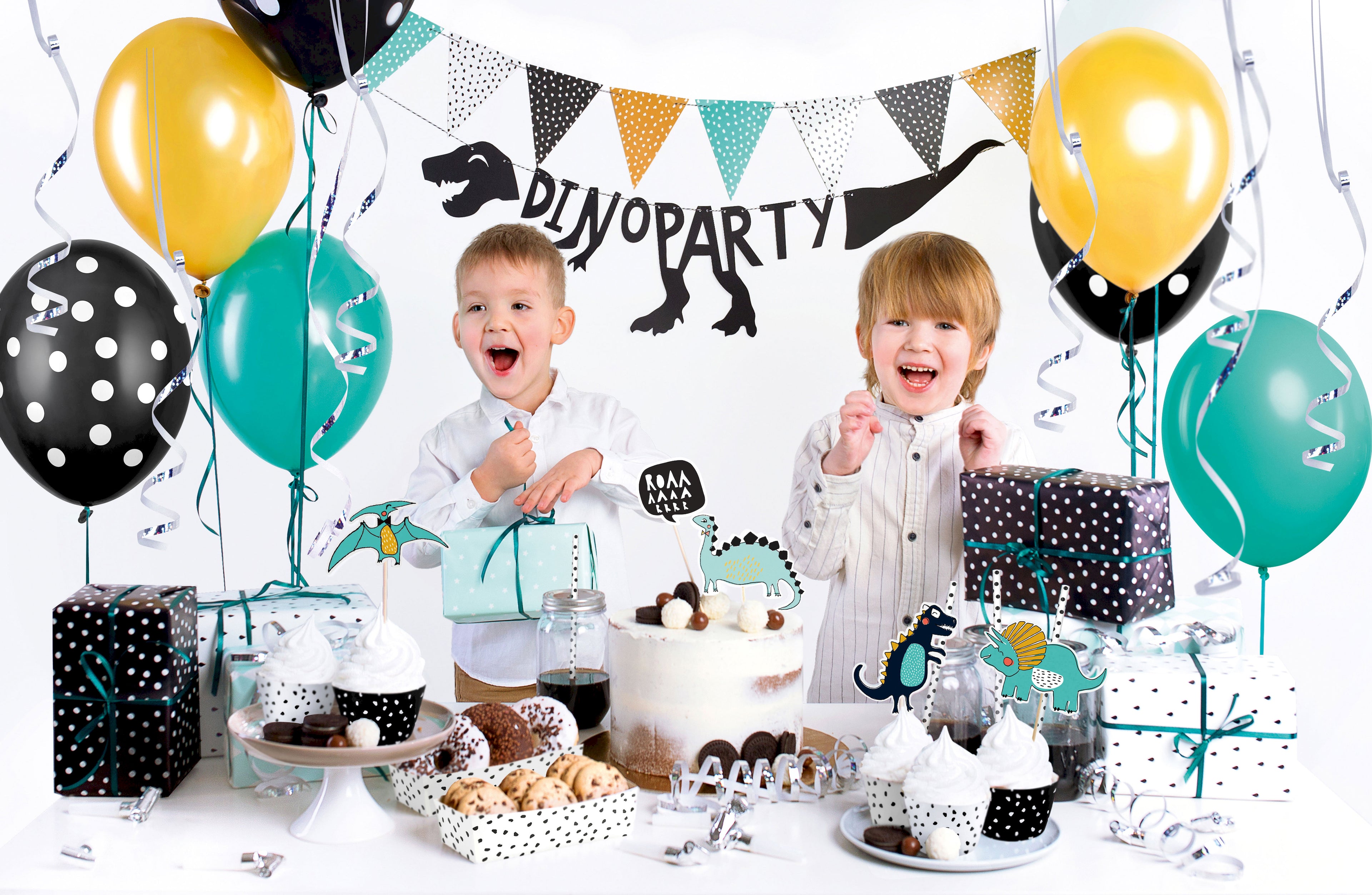 Partydekorationsset „Dinosaurier“ – Komplett‑Kit für Kindergeburtstag | Banner, Girlande, Cupcake‑Förmchen, Cake‑Topper, Bonbonformen, Strohhalme, Trillerpfeifen, Luftballons, Luftschlangen & Satinband