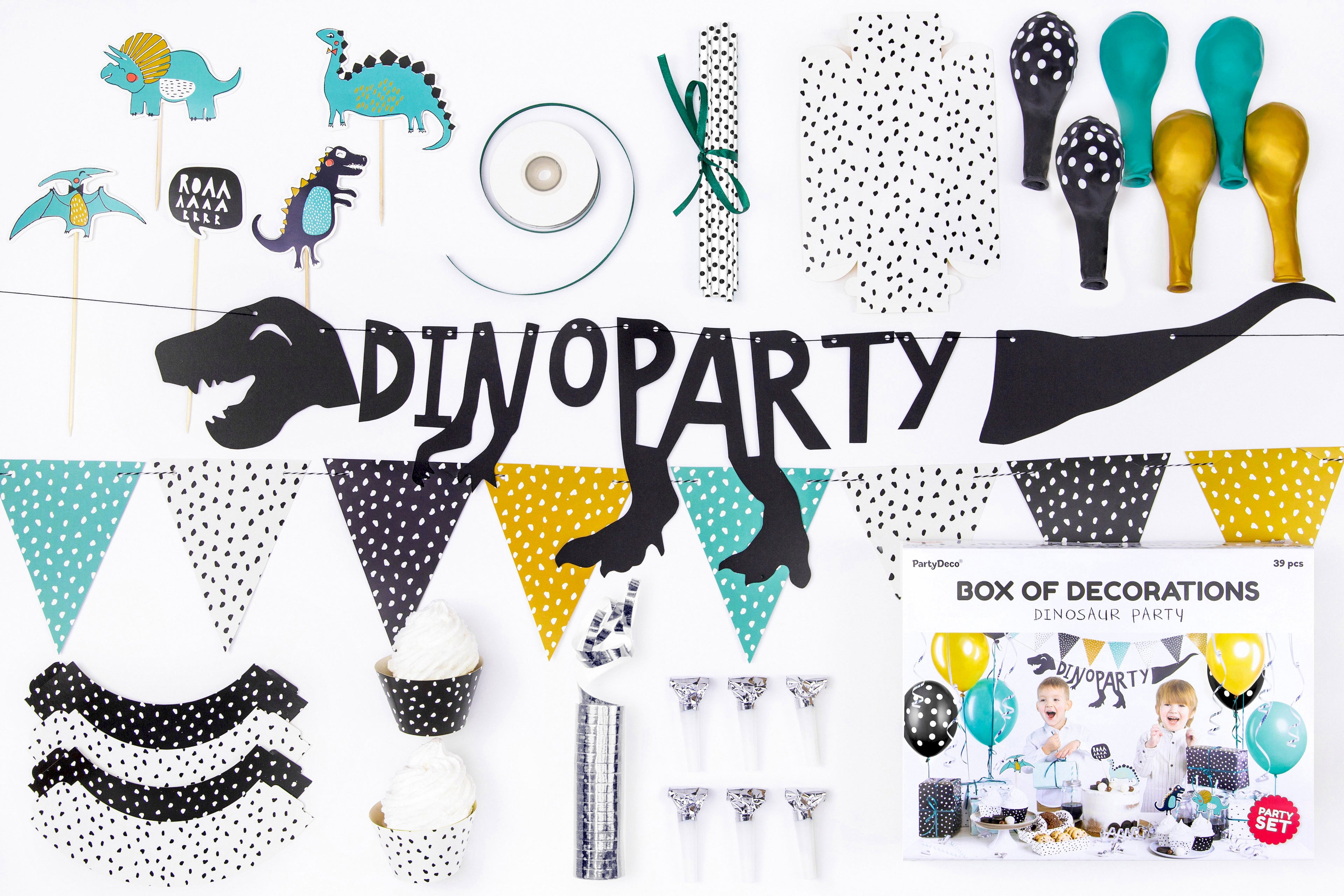 Partydekorationsset „Dinosaurier“ – Komplett‑Kit für Kindergeburtstag | Banner, Girlande, Cupcake‑Förmchen, Cake‑Topper, Bonbonformen, Strohhalme, Trillerpfeifen, Luftballons, Luftschlangen & Satinband