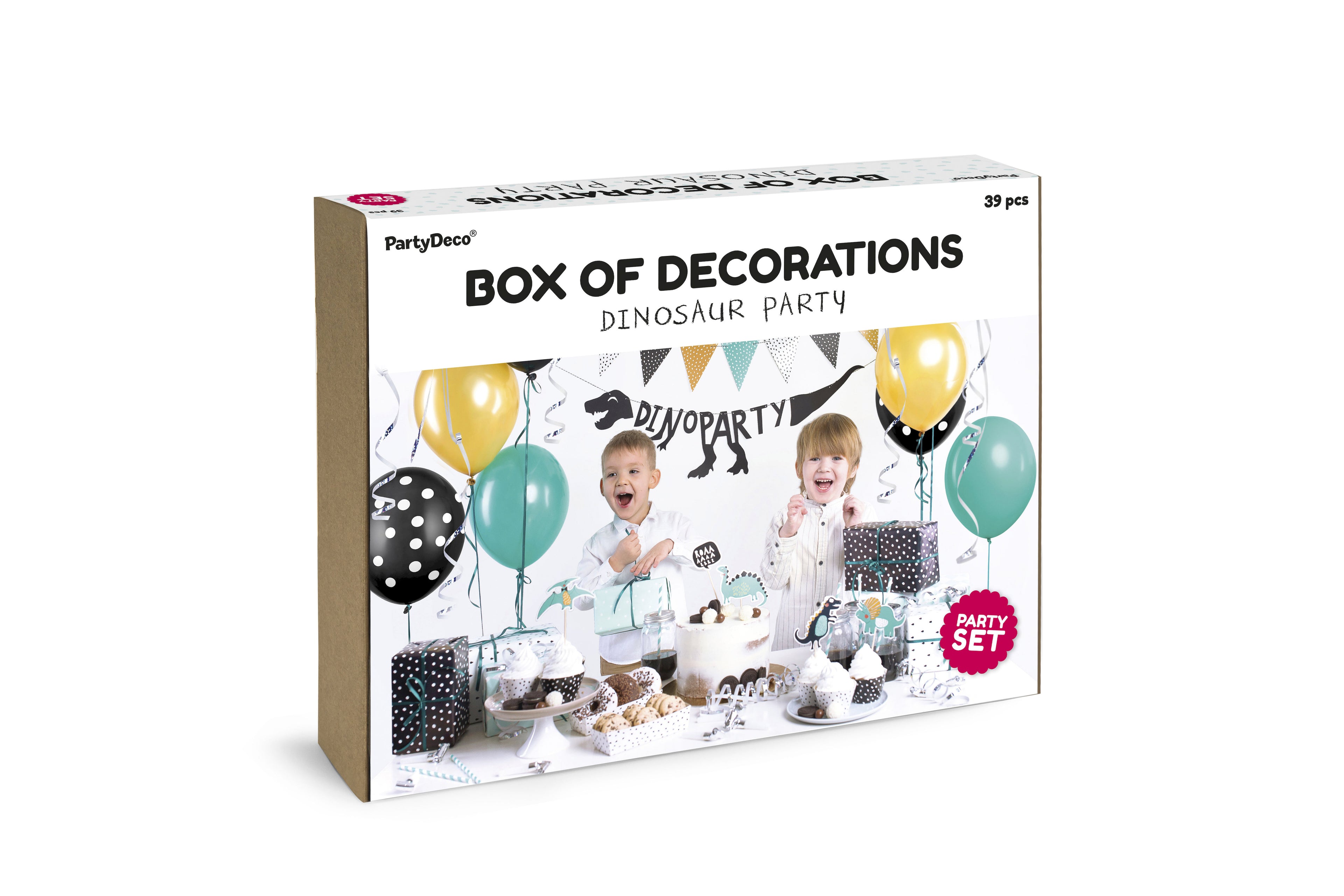 Partydekorationsset „Dinosaurier“ – Komplett‑Kit für Kindergeburtstag | Banner, Girlande, Cupcake‑Förmchen, Cake‑Topper, Bonbonformen, Strohhalme, Trillerpfeifen, Luftballons, Luftschlangen & Satinband