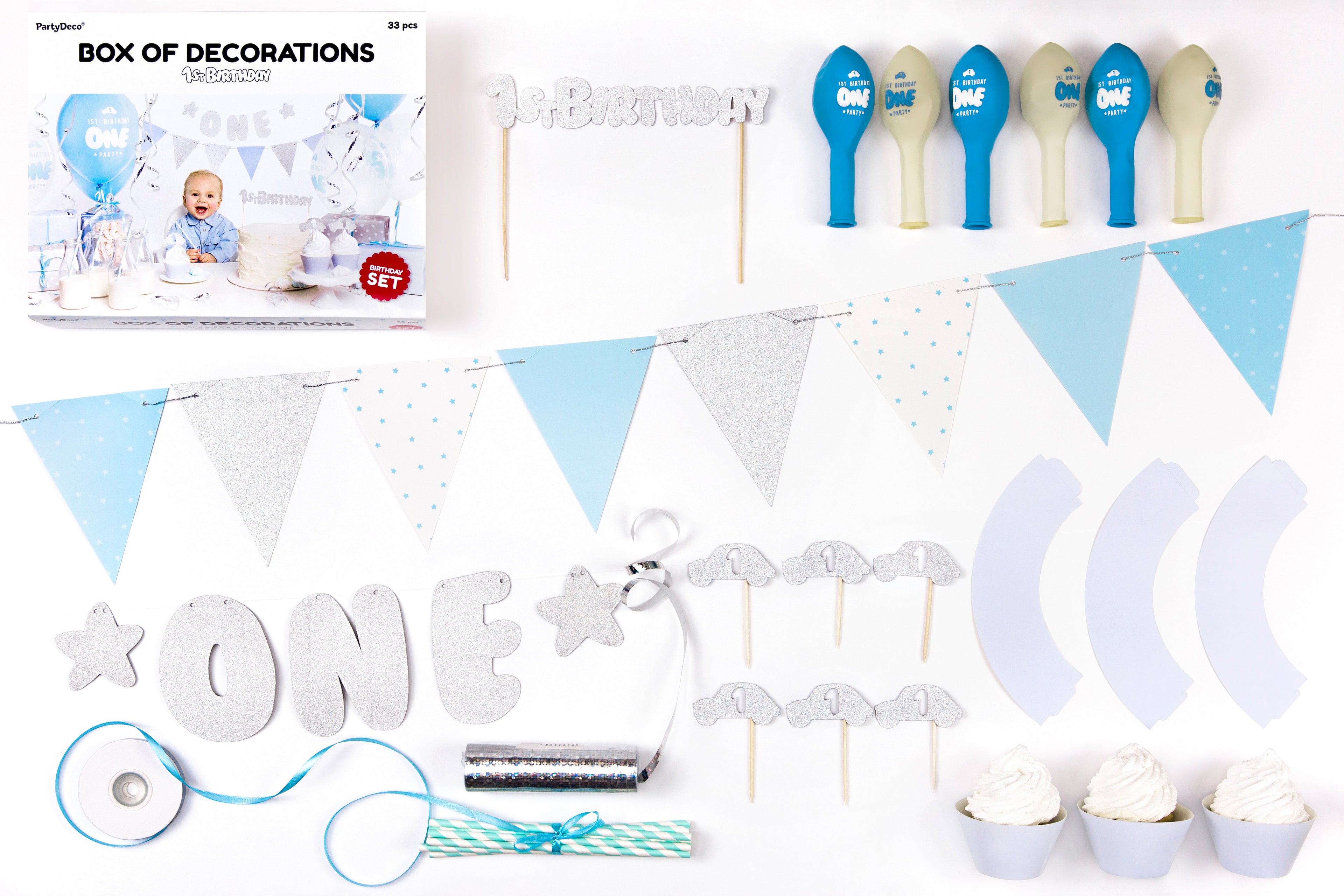 Partydekorationsset „1. Geburtstag“ – Silber & Blau | Komplett‑Kit: Banner „One“, Girlande, Cupcake‑Deko & ‑Förmchen, Cake‑Topper, Strohhalme, Luftballons, Luftschlangen & Satinband