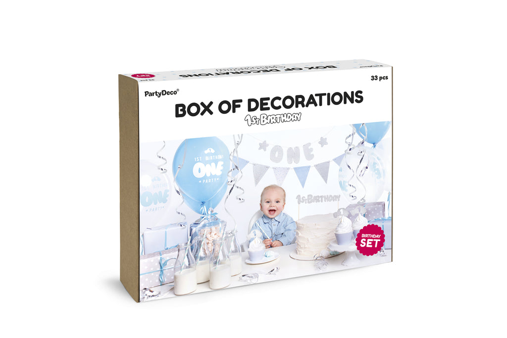 Partydekorationsset „1. Geburtstag“ – Silber & Blau | Komplett‑Kit: Banner „One“, Girlande, Cupcake‑Deko & ‑Förmchen, Cake‑Topper, Strohhalme, Luftballons, Luftschlangen & Satinband