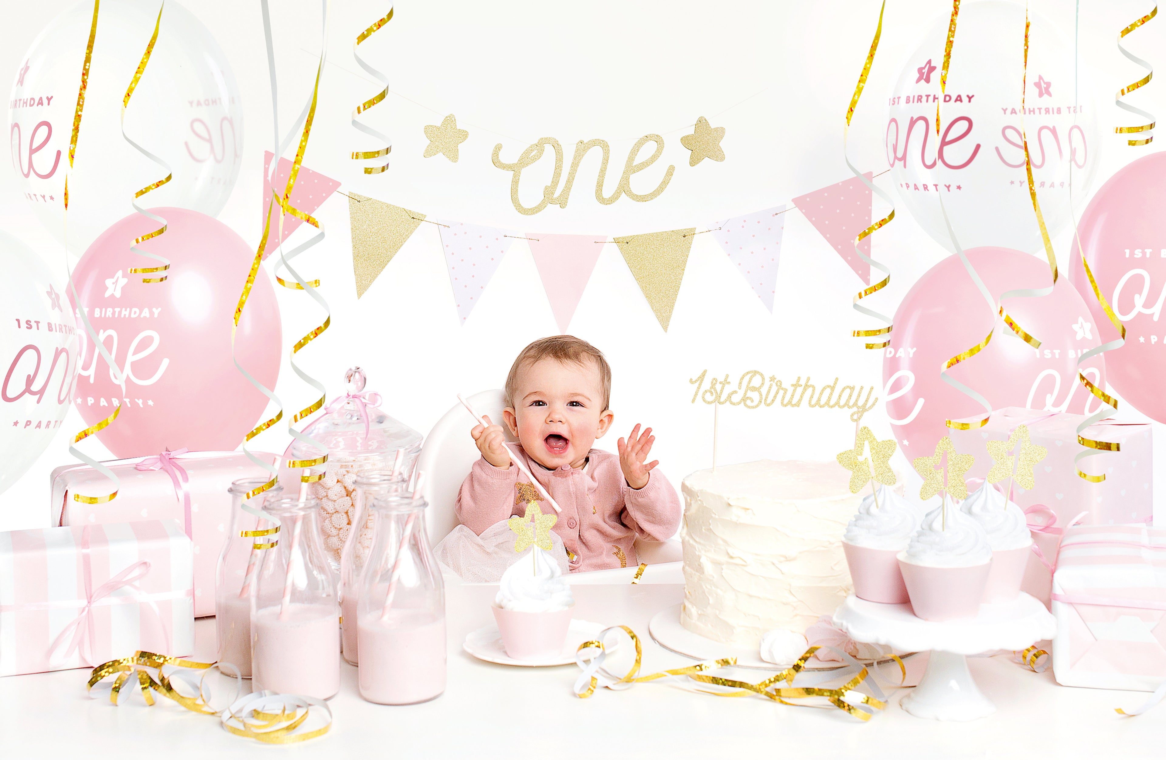 Partydekorationsset „1. Geburtstag“ – Gold & Rosa | Komplett‑Kit: Banner „One“, Girlande, Cupcake‑Deko & ‑Förmchen, Cake‑Topper, Strohhalme, Luftballons, Luftschlangen & Satinband