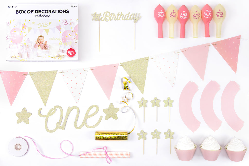 Partydekorationsset „1. Geburtstag“ – Gold & Rosa | Komplett‑Kit: Banner „One“, Girlande, Cupcake‑Deko & ‑Förmchen, Cake‑Topper, Strohhalme, Luftballons, Luftschlangen & Satinband