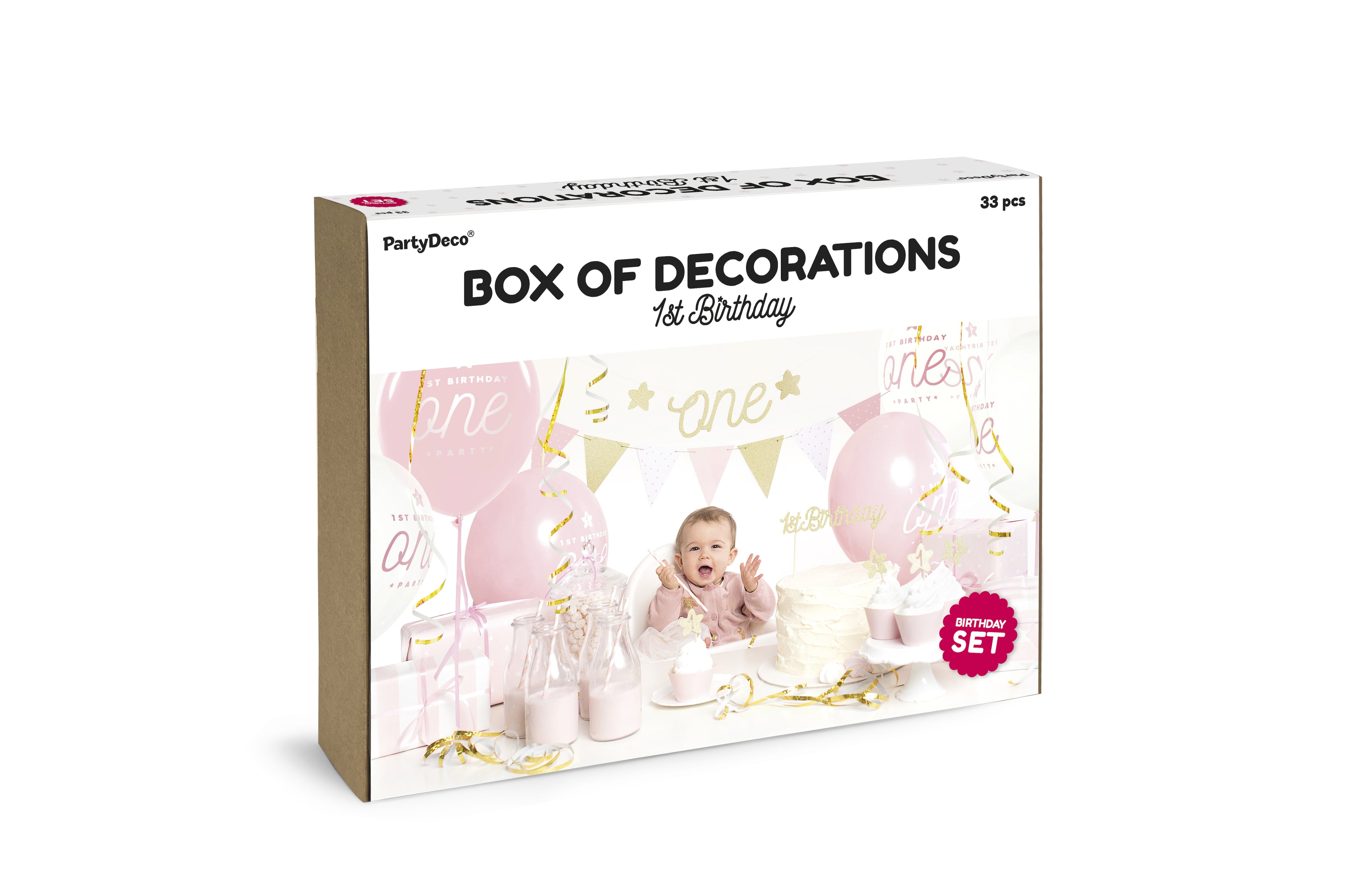 Partydekorationsset „1. Geburtstag“ – Gold & Rosa | Komplett‑Kit: Banner „One“, Girlande, Cupcake‑Deko & ‑Förmchen, Cake‑Topper, Strohhalme, Luftballons, Luftschlangen & Satinband