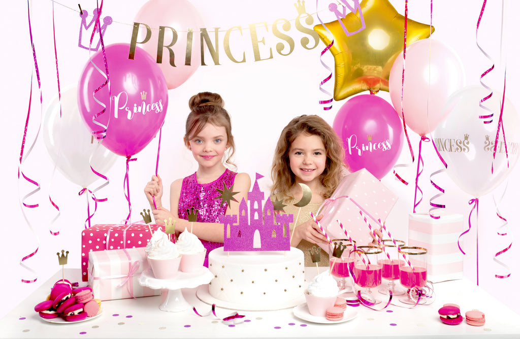 Prinzessinnen-Partydeko-Set - Komplettes Geburtstagsset mit Banner, Ballons, Cake Topper, Strohhalmen und Konfetti