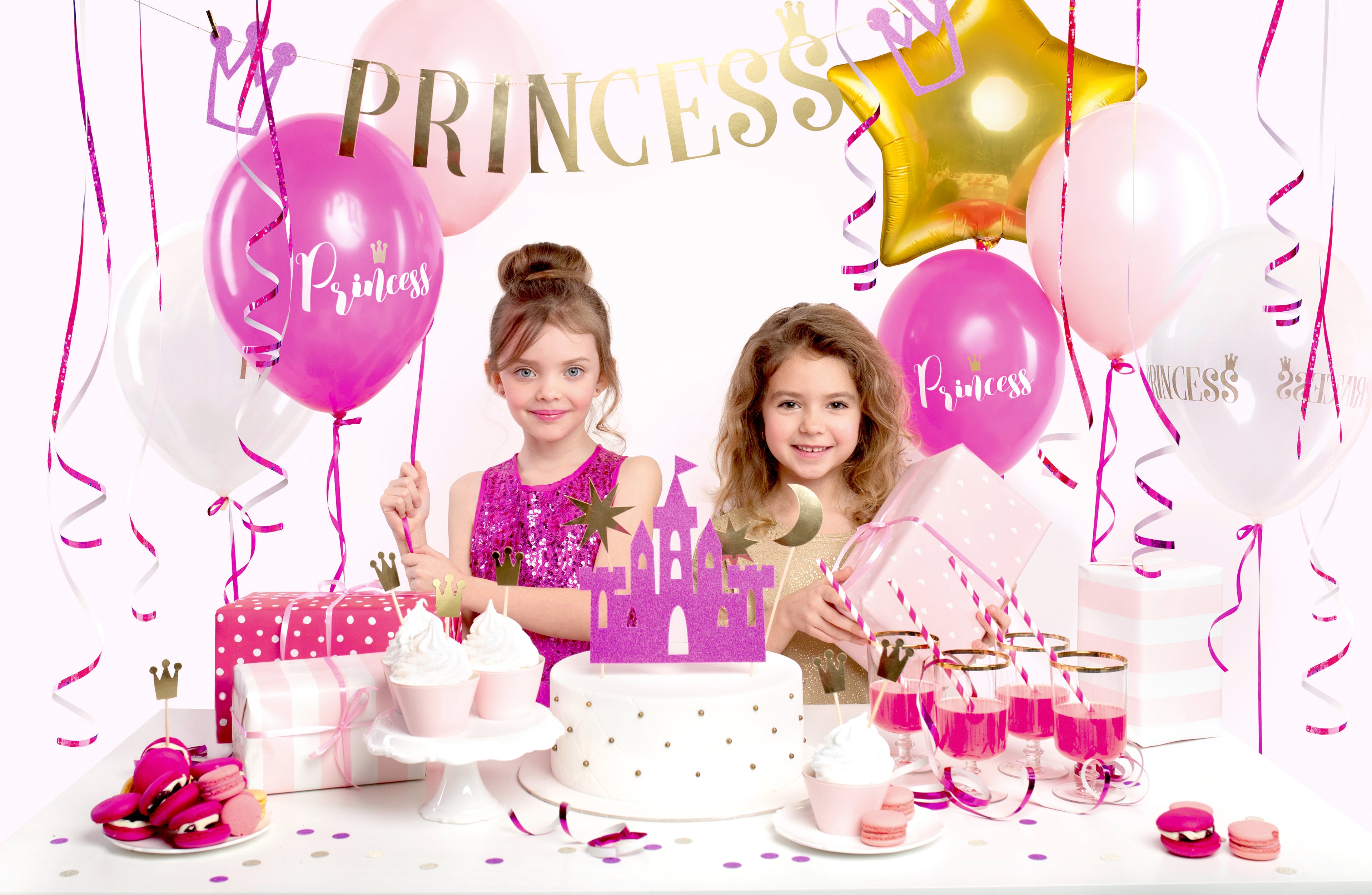 Prinzessinnen-Partydeko-Set - Komplettes Geburtstagsset mit Banner, Ballons, Cake Topper, Strohhalmen und Konfetti