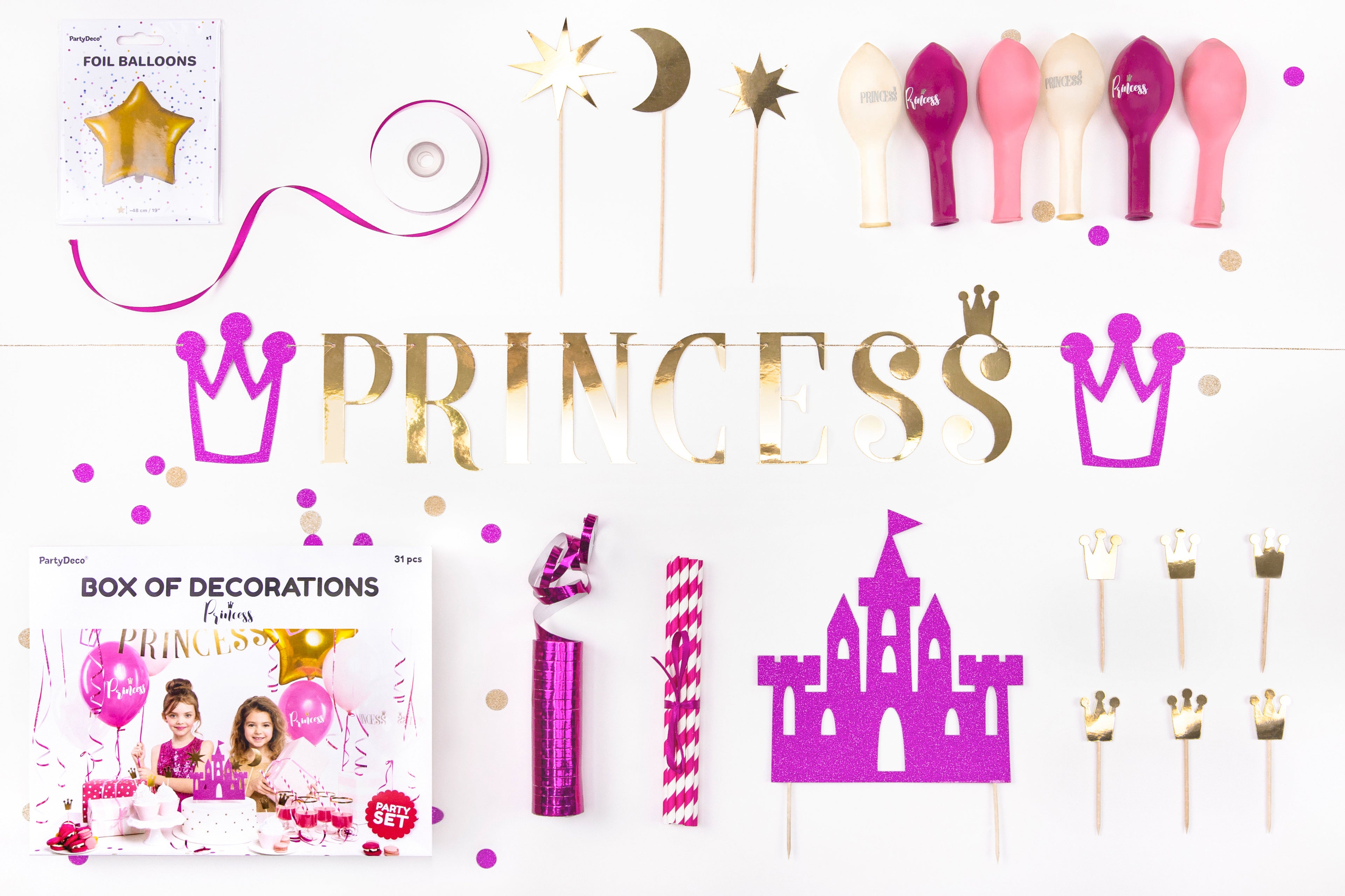 Prinzessinnen-Partydeko-Set - Komplettes Geburtstagsset mit Banner, Ballons, Cake Topper, Strohhalmen und Konfetti