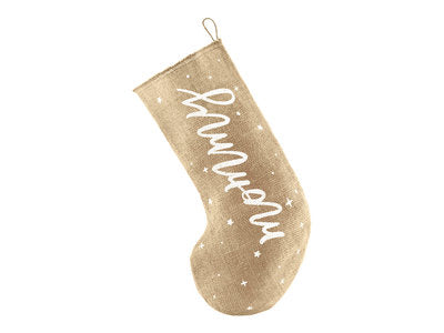 Weihnachtsstrumpf „Mommy“ aus Jute – Deko-Socke in Weiß & Natur | 23 x 39,5 cm | Weihnachtsdeko, Nikolausstrumpf, Geschenkidee für Mama