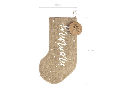Weihnachtsstrumpf „Mommy“ aus Jute – Deko-Socke in Weiß & Natur | 23 x 39,5 cm | Weihnachtsdeko, Nikolausstrumpf, Geschenkidee für Mama