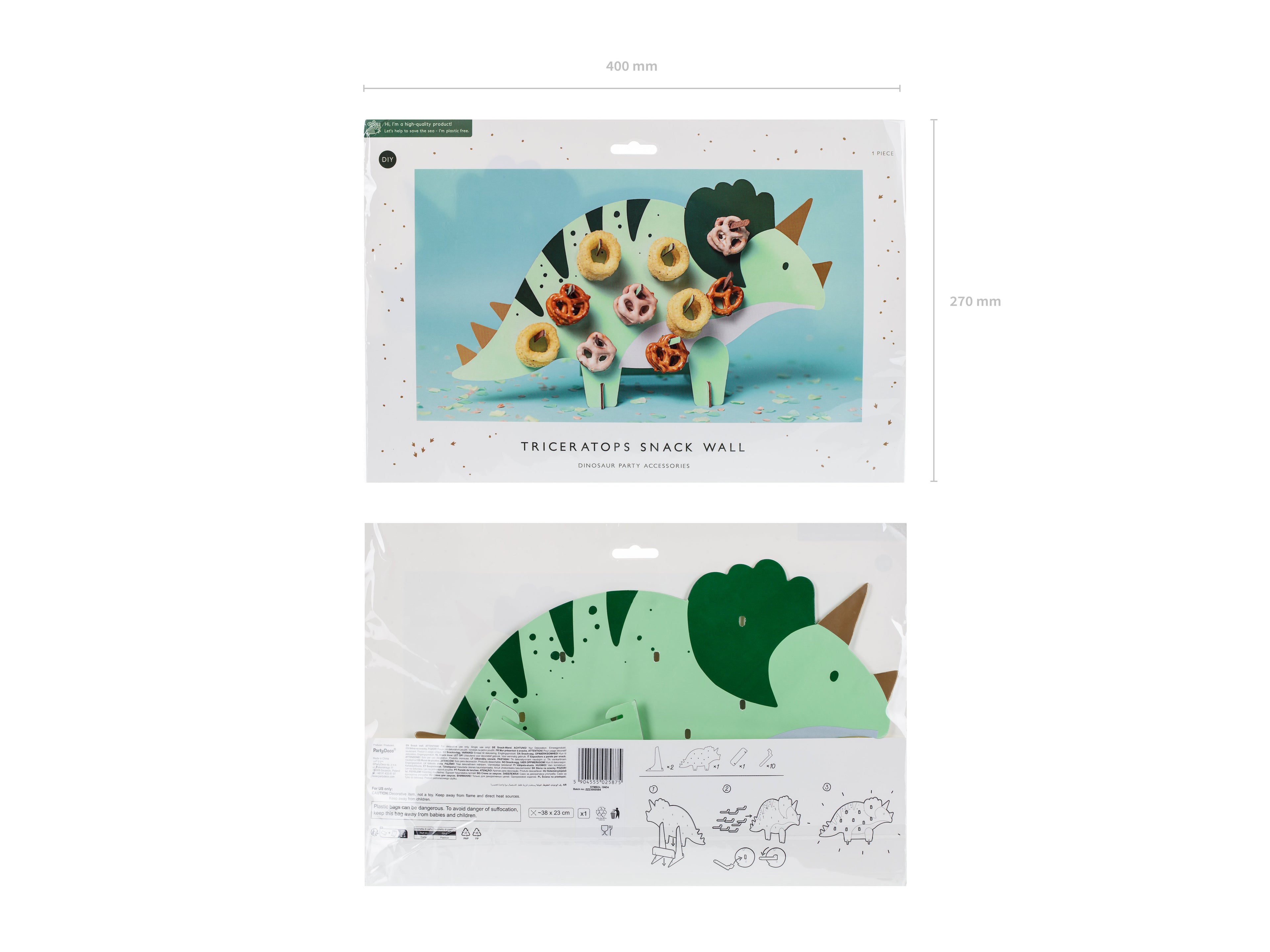 Triceratops-Snackwand 38 × 23 cm – Dino-Party Display mit 10 Dübeln, Papier, selbstaufbauend, Buffet & Candy Bar