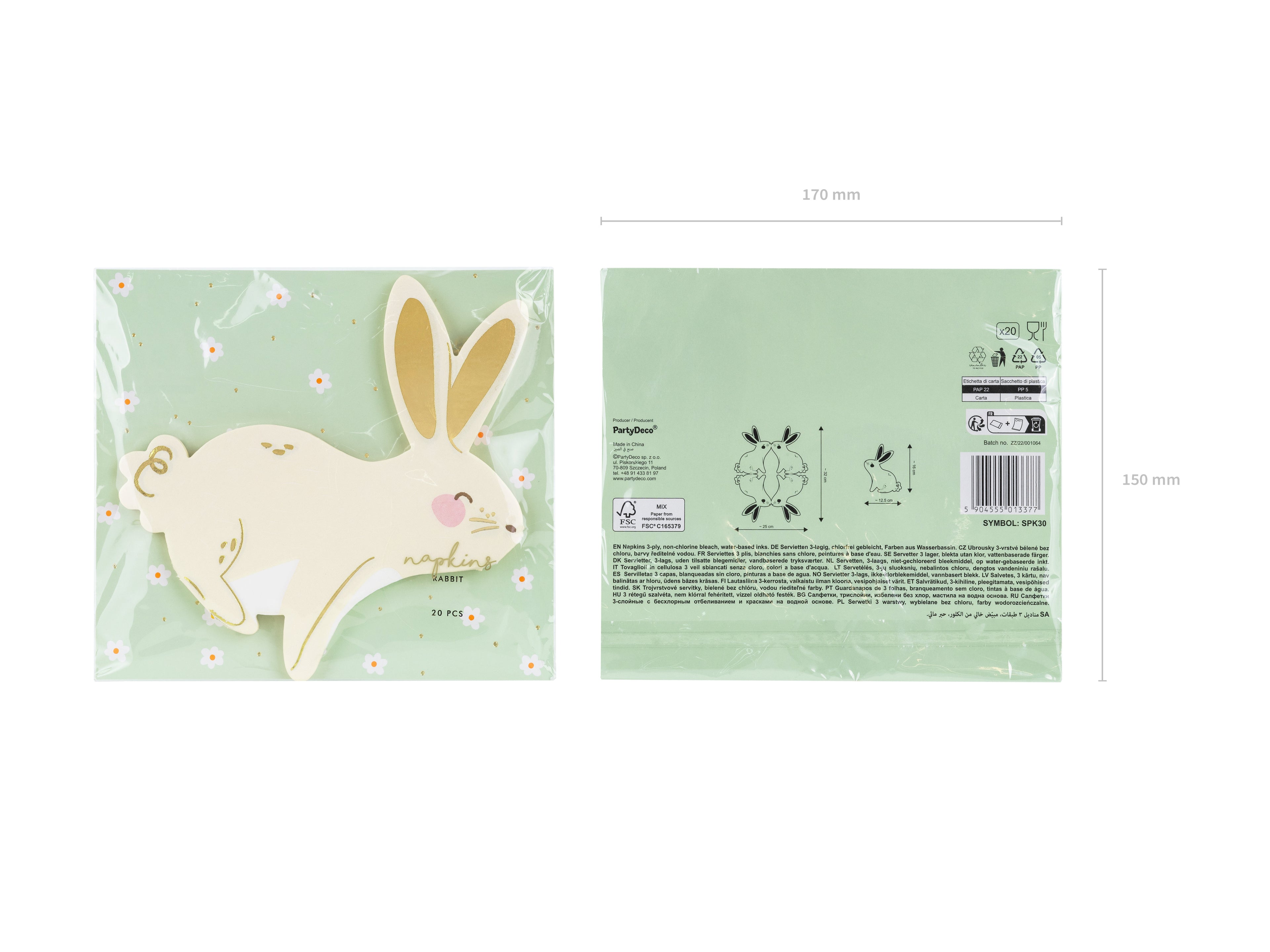 Hasen‑Servietten – 20er Set | Papierservietten mit Hasenmotiv & Golddruck | 12,5 × 16 cm (gefaltet), 25 × 32 cm (offen)