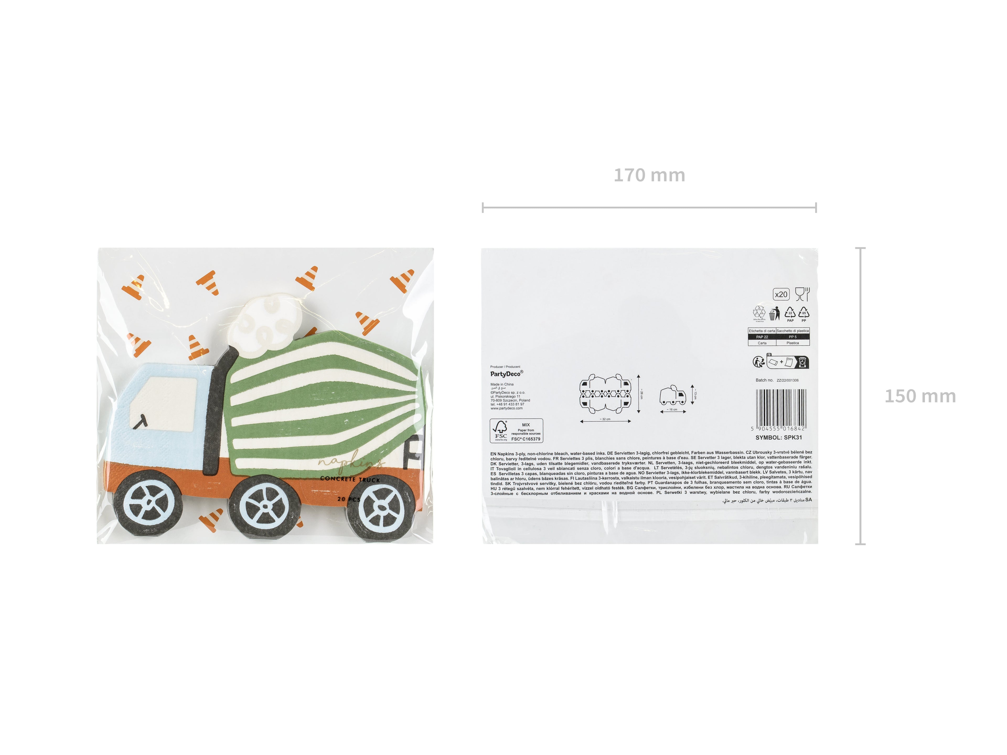 Servietten „Betonmischer“ – 20er Set | Papierservietten für Baustellen‑Kindergeburtstag | 16 × 13 cm (gefaltet), 32 × 26 cm (offen)