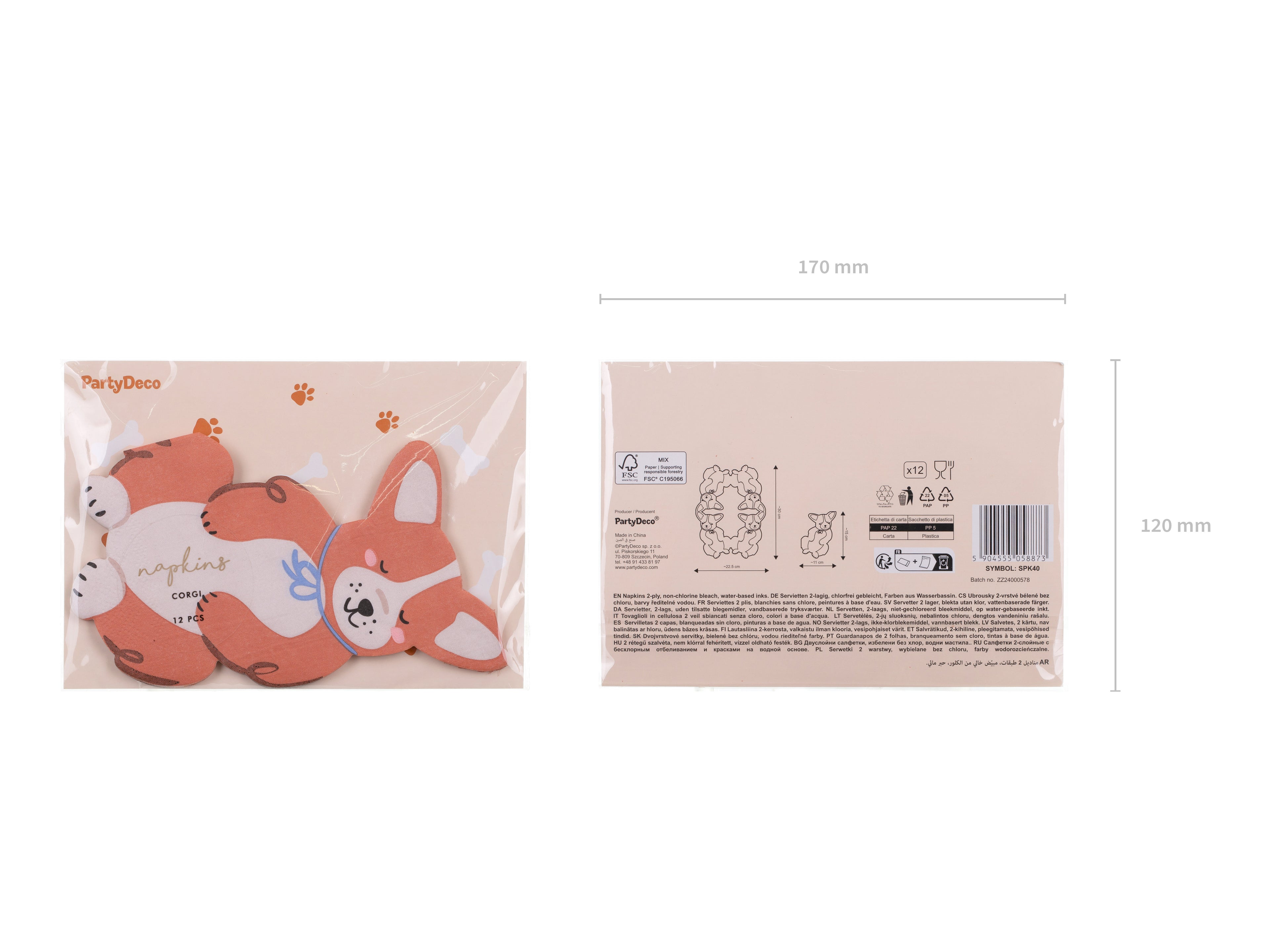 Servietten „Corgi“ – 12er Set | Papierservietten in Corgi‑Form | 11 × 15 cm (gefaltet), 22,5 × 30 cm (offen) | Hunde‑Mottoparty & Kindergeburtstag
