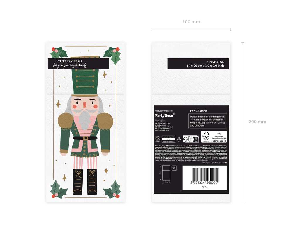 Nussknacker-Bestecktaschen 10 × 20 cm - 6 festliche Papierservietten mit Besteckfach, Weihnachtsdeko für Tisch und Weihnachtsfeier