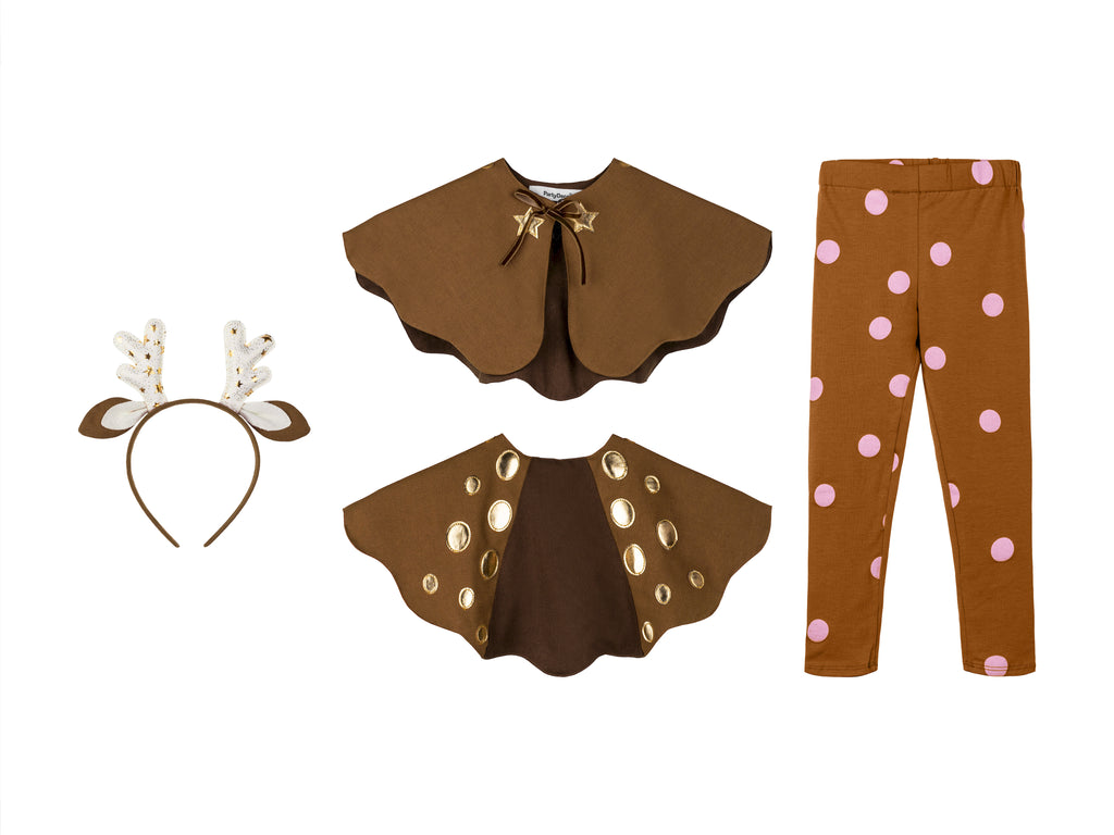Mädchen Reh‑Kostüm – 3‑tlg. Set aus Leggings, Cape/Halskragen & Haarreif | 3–5 Jahre | Hirsch Outfit für Fasching & Kinderparty