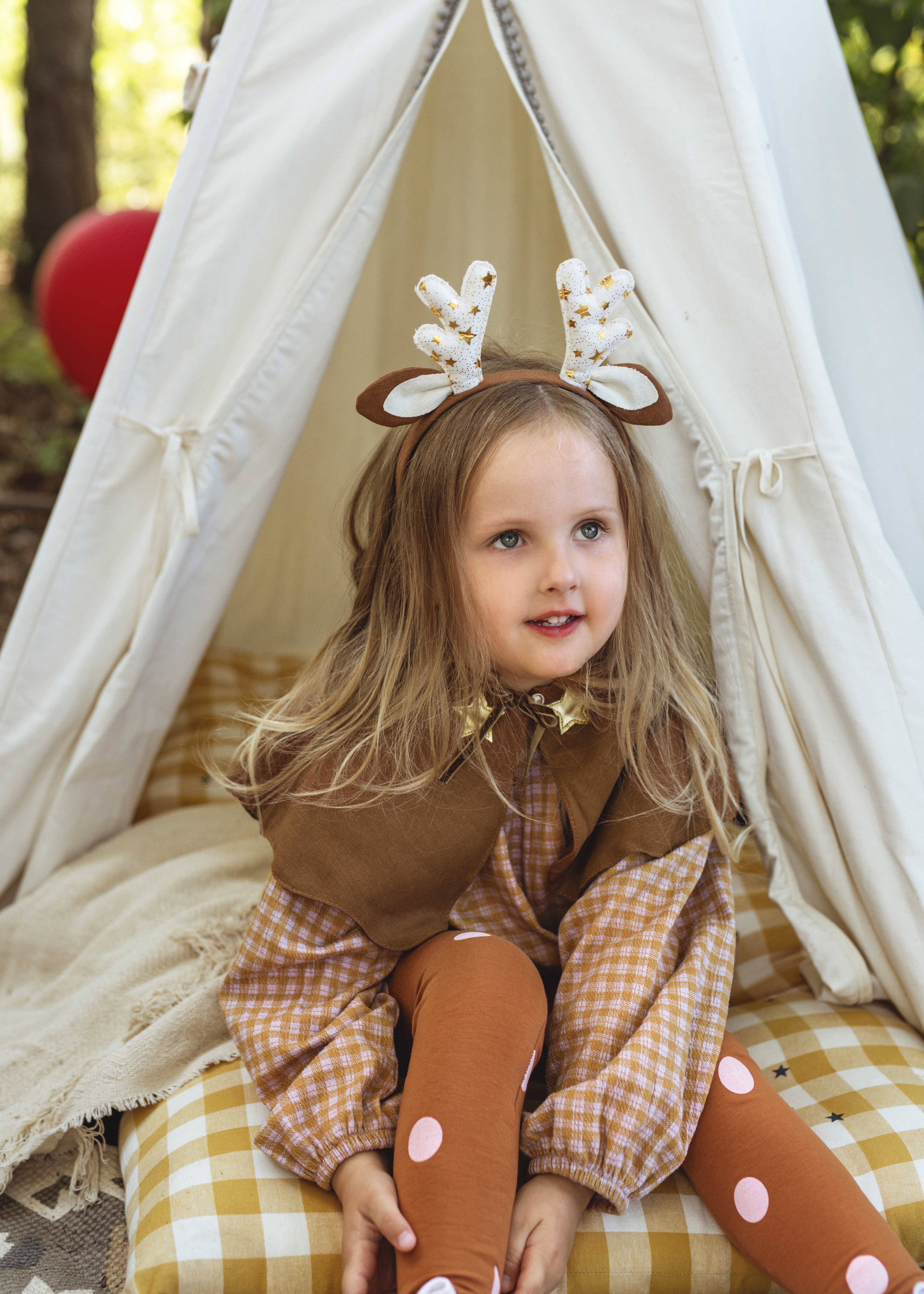 Mädchen Reh‑Kostüm – 3‑tlg. Set aus Leggings, Cape/Halskragen & Haarreif | 3–5 Jahre | Hirsch Outfit für Fasching & Kinderparty