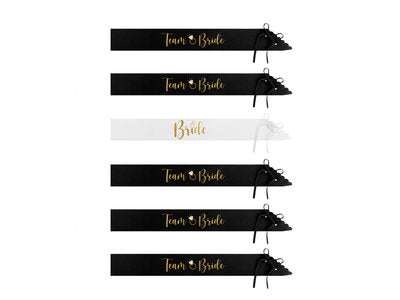 Brautparty Schärpen Set – 6‑teilig | „Bride“ in Weiß + 5× „Team Bride“ in Schwarz | JGA Accessoires, Gold Metallic, Bridal Shower Deko
