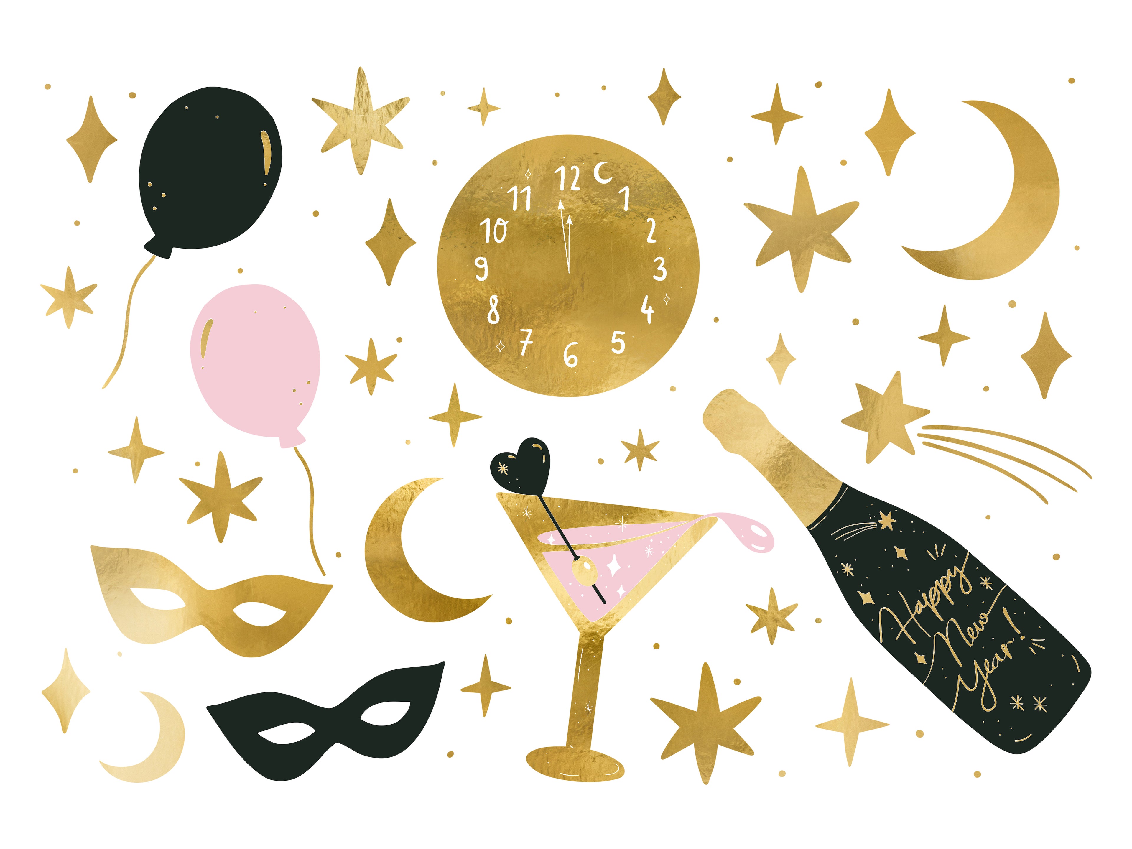 Silvester Tattoos – 10er Set temporäre Party‑Tattoos | Gold & Schwarz Mix | Neujahr, Countdown, Partydeko