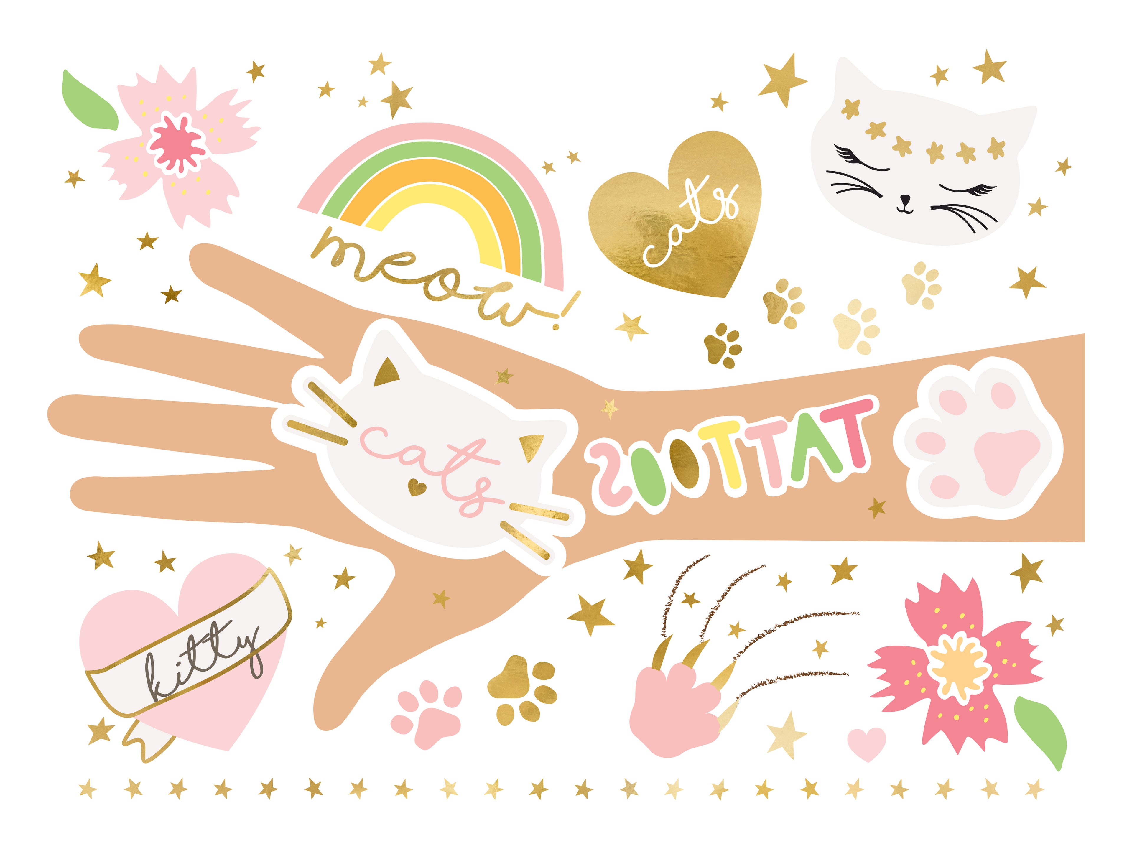 Katzen‑Temporärtattoos – 12er Set | Bunte Kätzchen‑Motive für Kindergeburtstag, Mitgebsel & Party