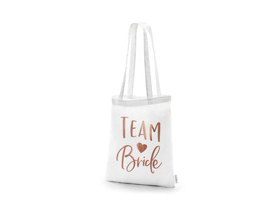 Baumwolltasche „Team Bride“ – Weiß mit roségoldenem Print | 39 × 42 cm | JGA & Bridal‑Shower Goodie Bag, Stofftasche