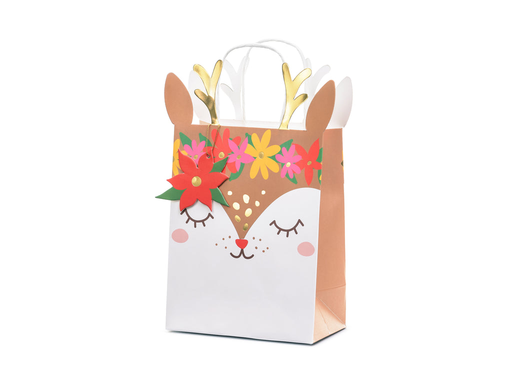 Geschenktüte „Reh“ – Weiß mit buntem & goldenem Metallic‑Print | 20,5 × 30 × 10,5 cm | Geschenkverpackung für Weihnachten, Geburtstag & Kinderparty