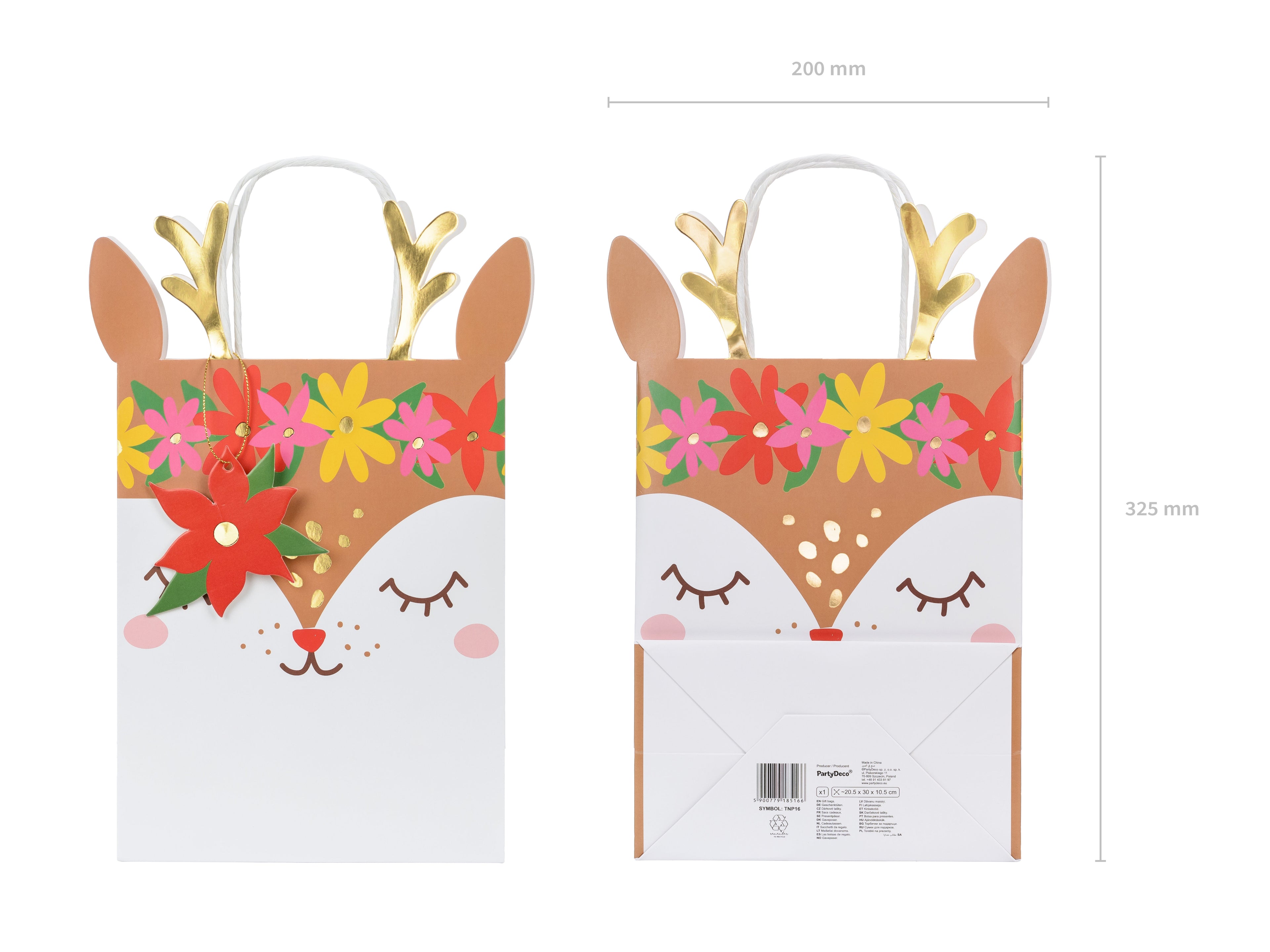 Geschenktüte „Reh“ – Weiß mit buntem & goldenem Metallic‑Print | 20,5 × 30 × 10,5 cm | Geschenkverpackung für Weihnachten, Geburtstag & Kinderparty