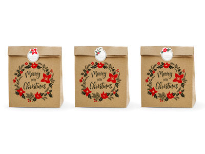 Fröhliche Weihnachtsgeschenktüten aus Kraftpapier – 3er Set inkl. Aufkleber | 25 × 11 × 27 cm | Nachhaltige Xmas Geschenkverpackung
