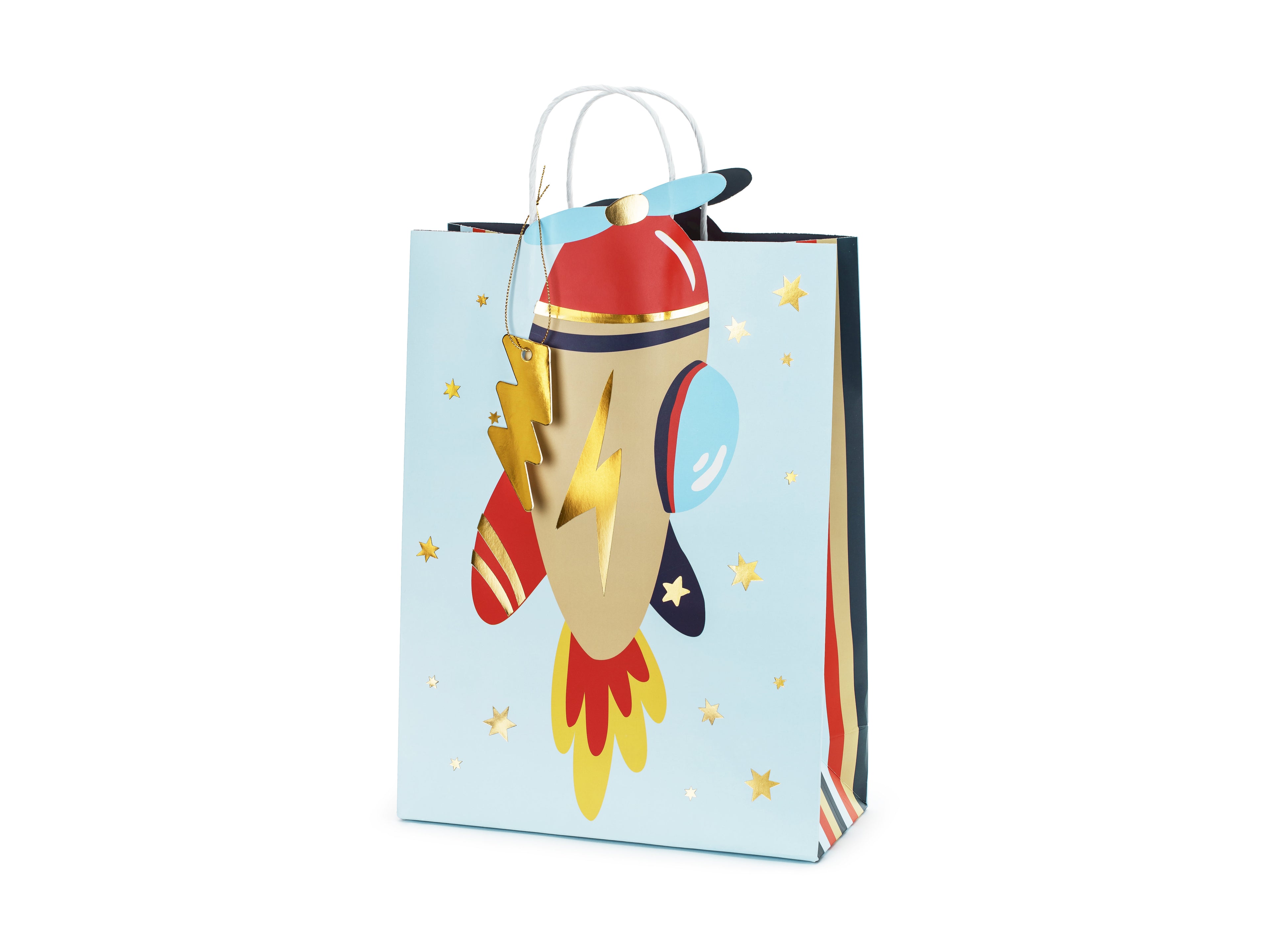Geschenktüte in Flugzeugform – 10 × 35,5 × 24 cm | Bunte Geschenk‑ & Mitgebseltüte mit goldenem Blitzanhänger | Kindergeburtstag & Party