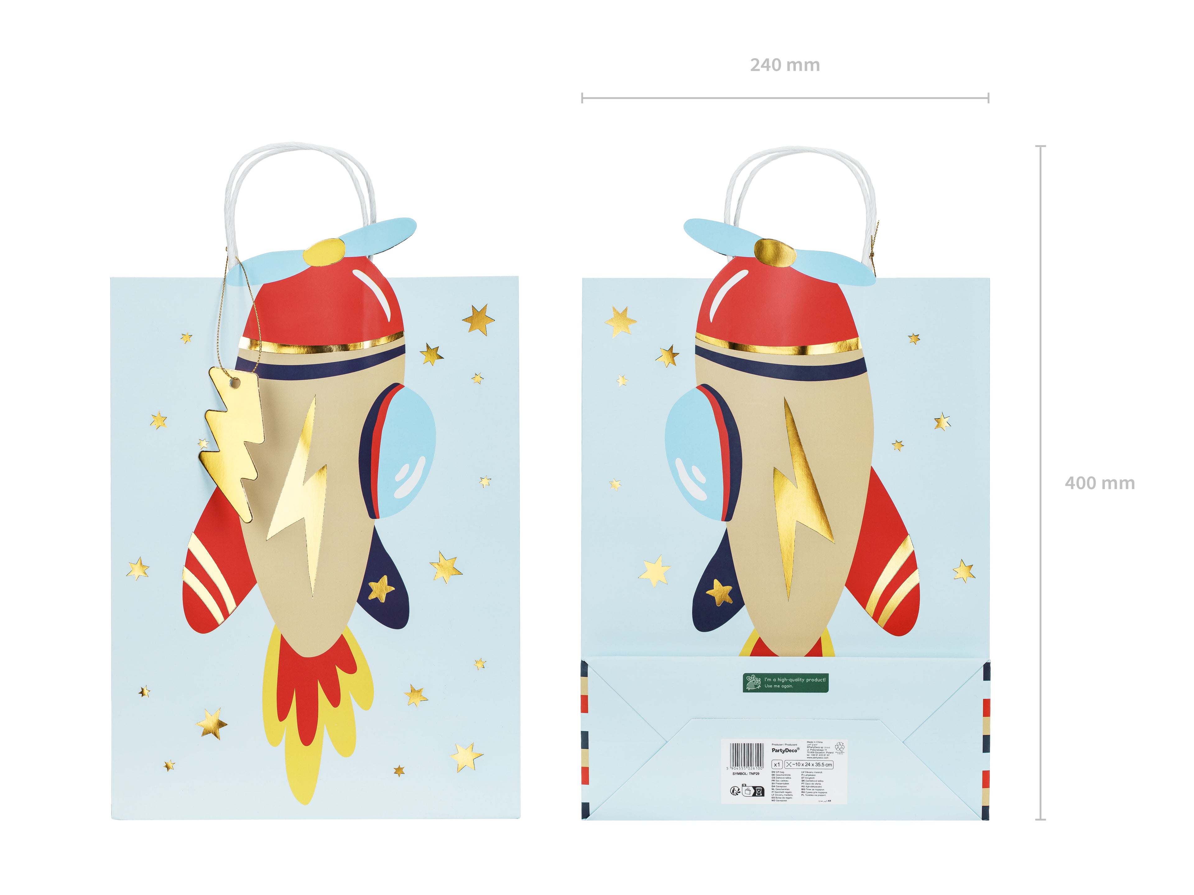 Geschenktüte in Flugzeugform – 10 × 35,5 × 24 cm | Bunte Geschenk‑ & Mitgebseltüte mit goldenem Blitzanhänger | Kindergeburtstag & Party