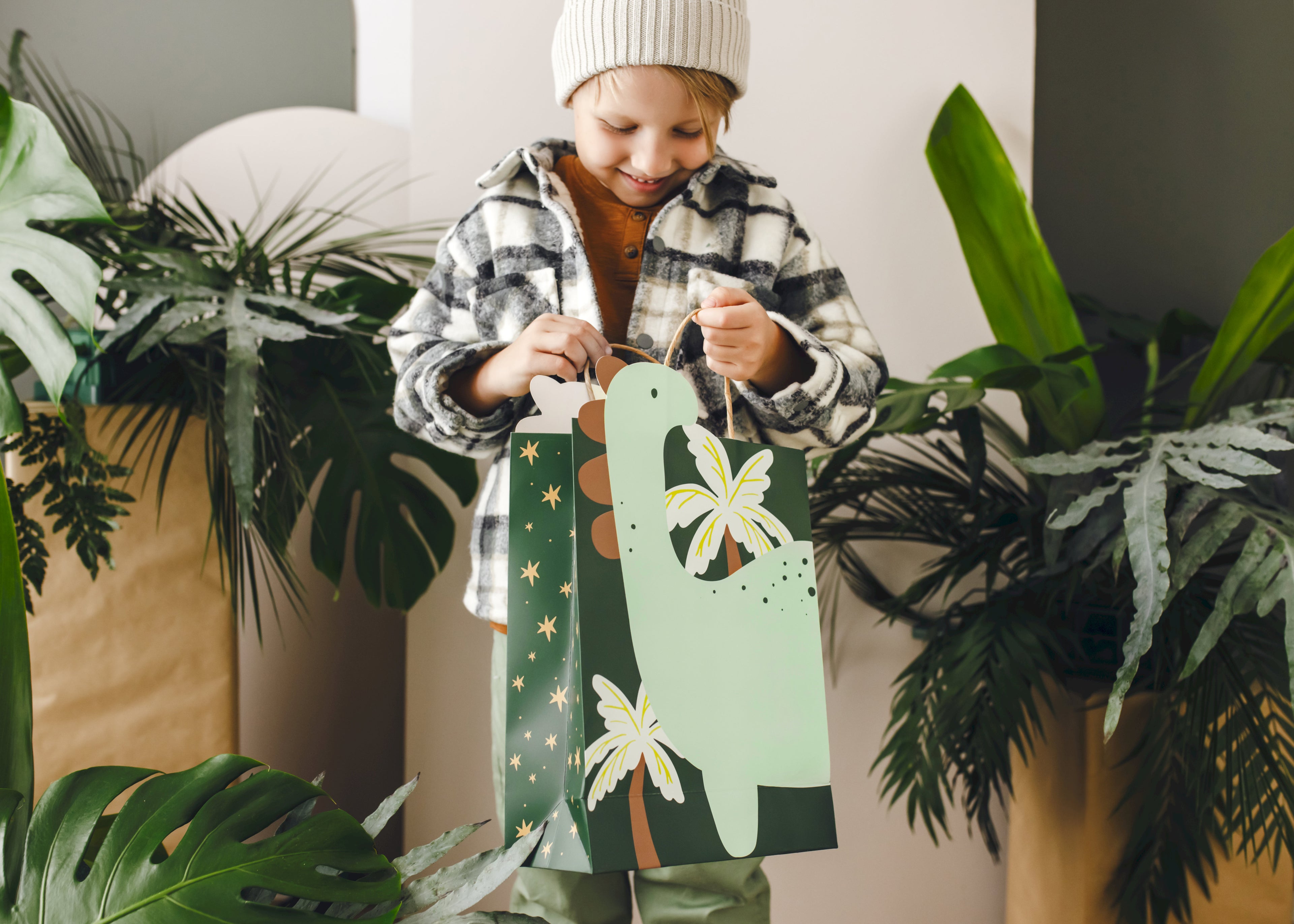 Dinosaurier‑Geschenktüte – 10 × 24 × 37 cm | Bunte Geschenk‑ & Mitgebseltüte mit Dino‑Motiv | Kindergeburtstag & Party