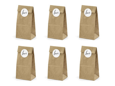 Kraftpapiertüten für Süßigkeiten – 6 Geschenk- & Mitgebsel-Tüten inkl. „Love“-Aufkleber | 8 × 18 × 6 cm | Party, Hochzeit, Gastgeschenke