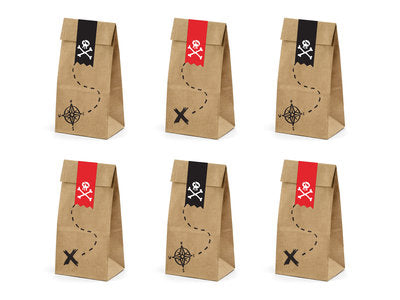 Piraten Süßigkeitentüten Set – 6 Kraftpapier-Mitgebseltüten inkl. Aufkleber | 8 × 18 × 6 cm | Piratenparty, Kindergeburtstag, Partybags