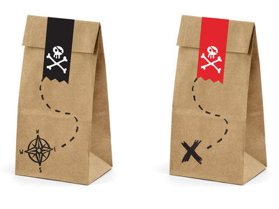Piraten Süßigkeitentüten Set – 6 Kraftpapier-Mitgebseltüten inkl. Aufkleber | 8 × 18 × 6 cm | Piratenparty, Kindergeburtstag, Partybags