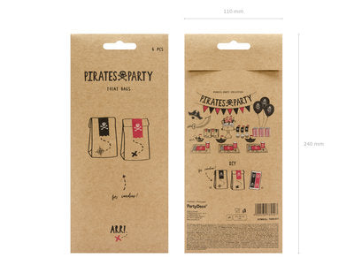 Piraten Süßigkeitentüten Set – 6 Kraftpapier-Mitgebseltüten inkl. Aufkleber | 8 × 18 × 6 cm | Piratenparty, Kindergeburtstag, Partybags
